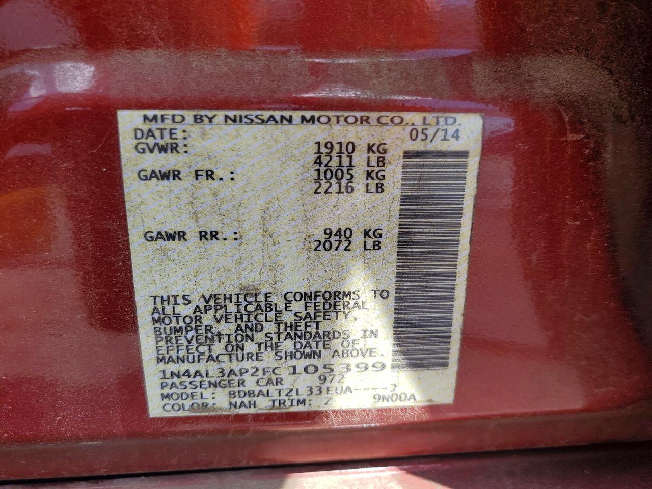 2015 Nissan Altima 2.5 Sl Red vin: 1N4AL3AP2FC105399