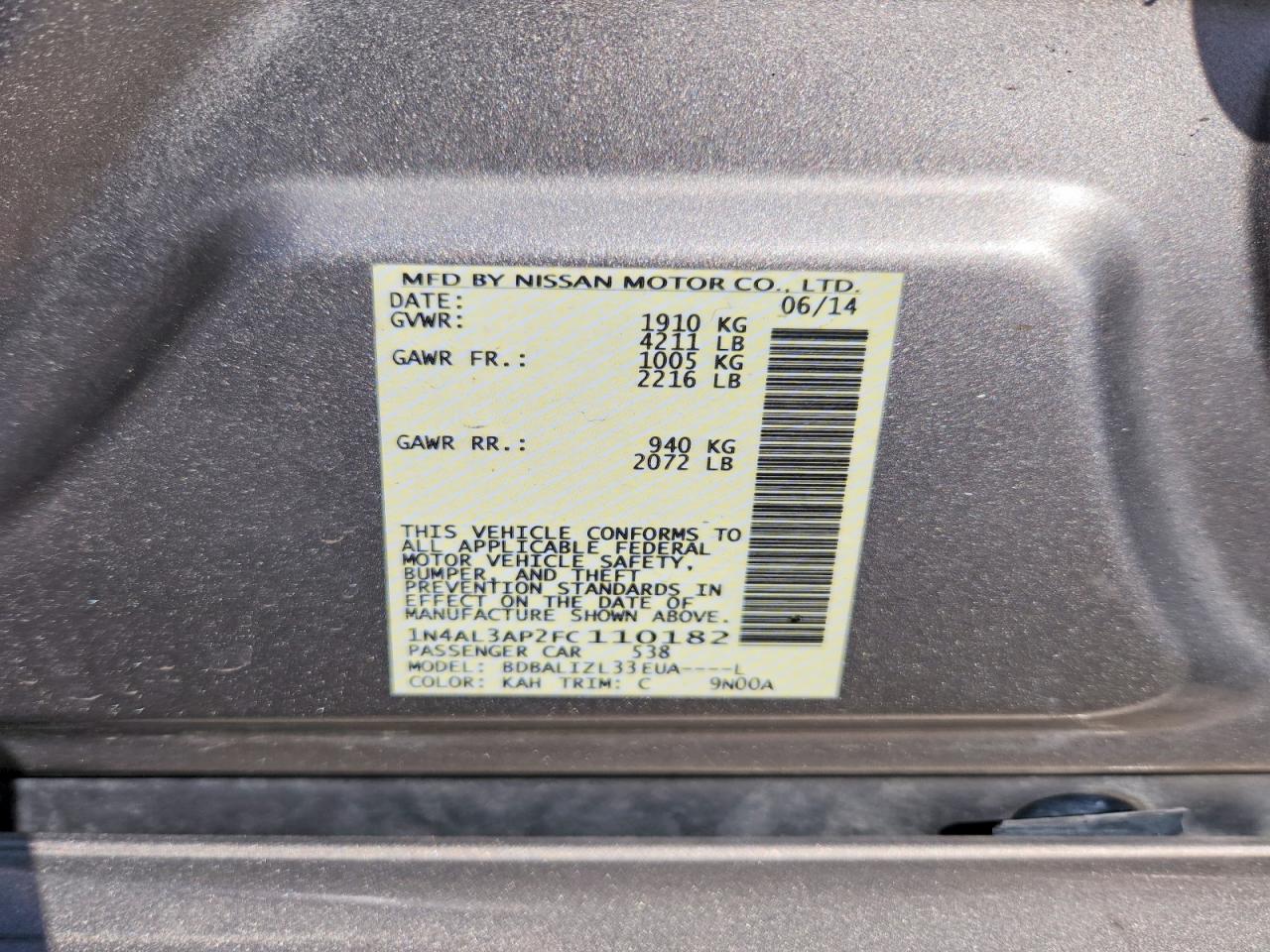 2015 Nissan Altima 2.5 Sv Gray vin: 1N4AL3AP2FC110182