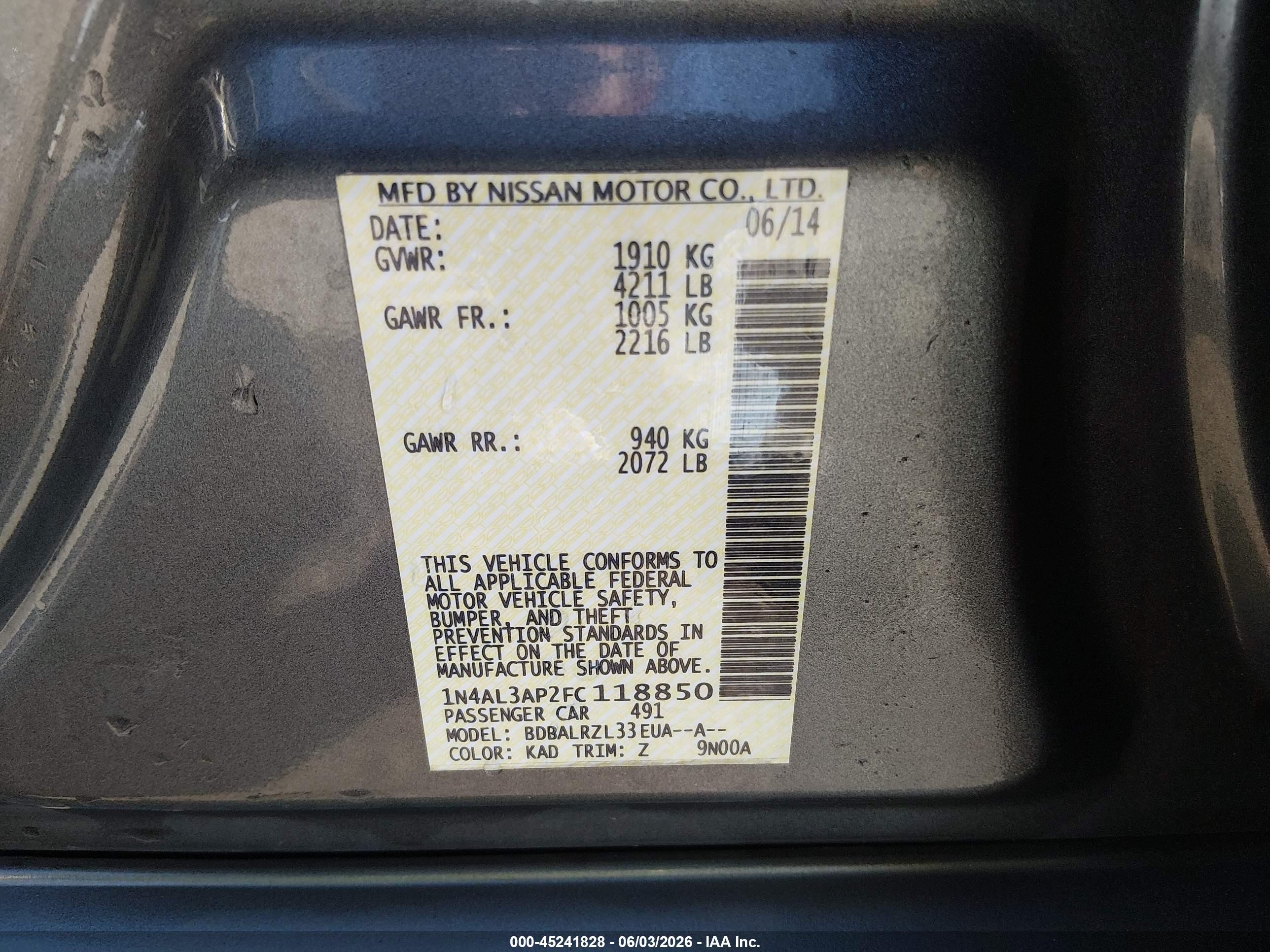 2015 Nissan Altima 2.5 Sl Gray vin: 1N4AL3AP2FC118850
