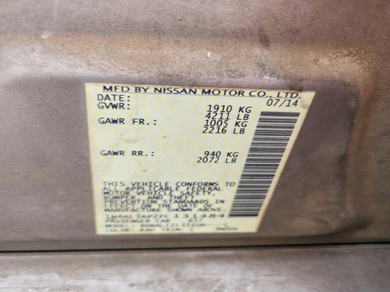 2015 Nissan Altima 2.5 Sv Tan vin: 1N4AL3AP2FC131484