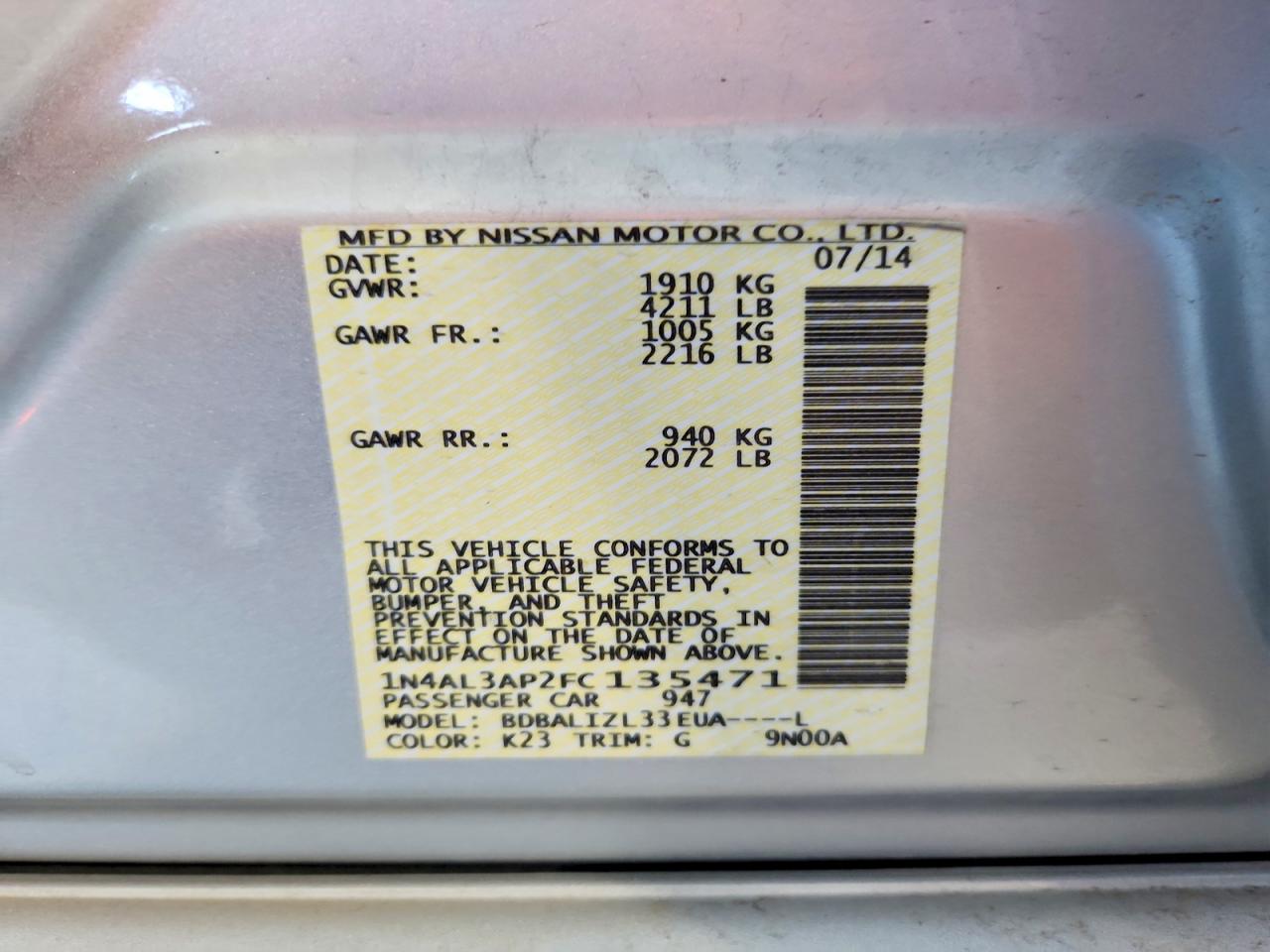 2015 Nissan Altima 2.5 Sv Silver vin: 1N4AL3AP2FC135471