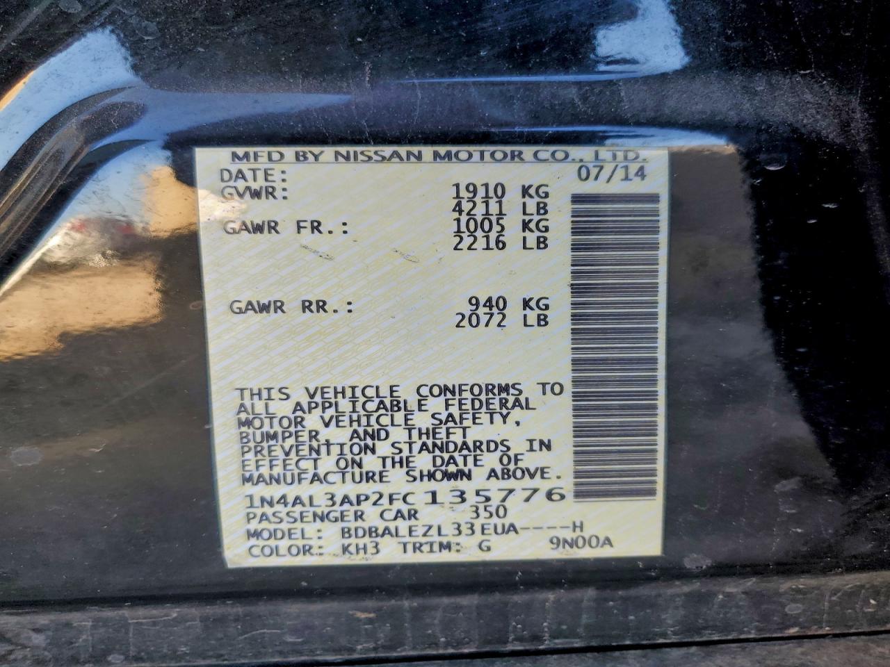 2015 Nissan Altima 2.5 Black vin: 1N4AL3AP2FC135776