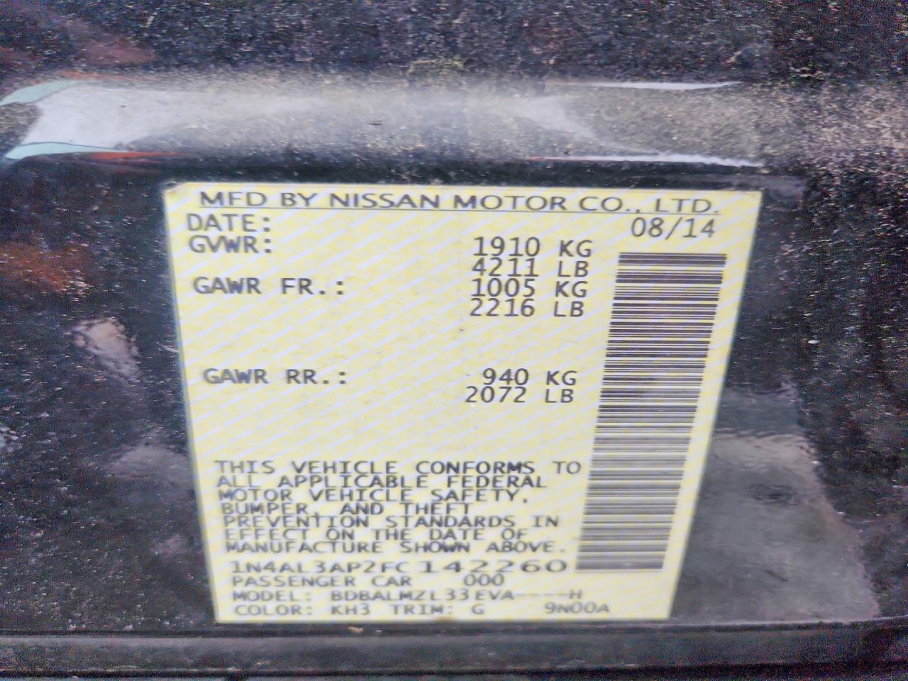 2015 Nissan Altima 2.5 Sv Black vin: 1N4AL3AP2FC142260
