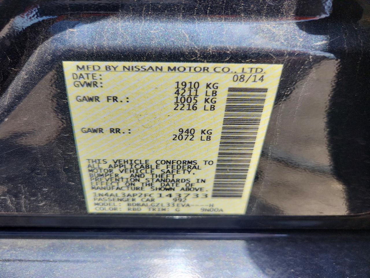 2015 Nissan Altima 2.5 S Black vin: 1N4AL3AP2FC143733