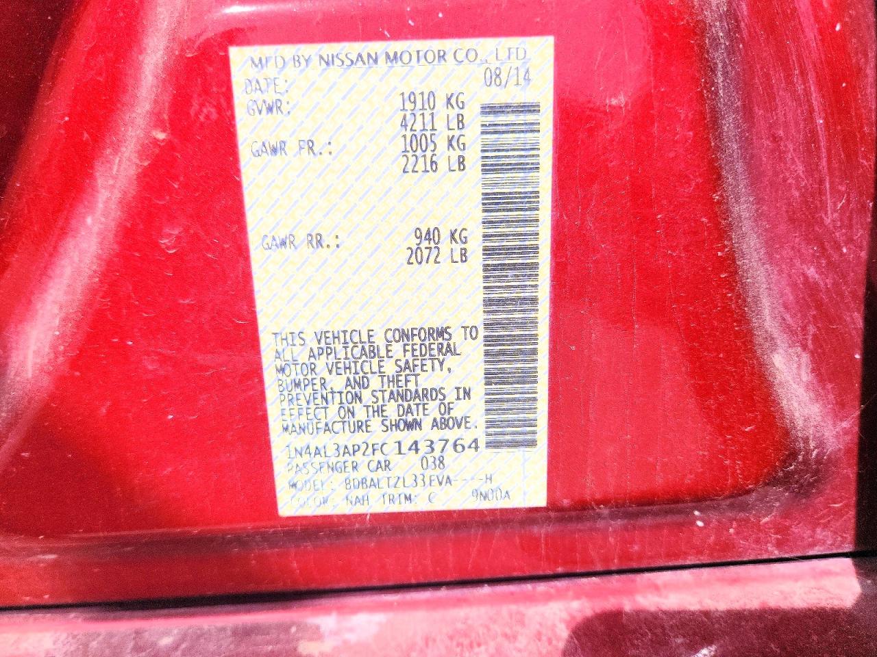 2015 Nissan Altima 2.5 Sl Red vin: 1N4AL3AP2FC143764