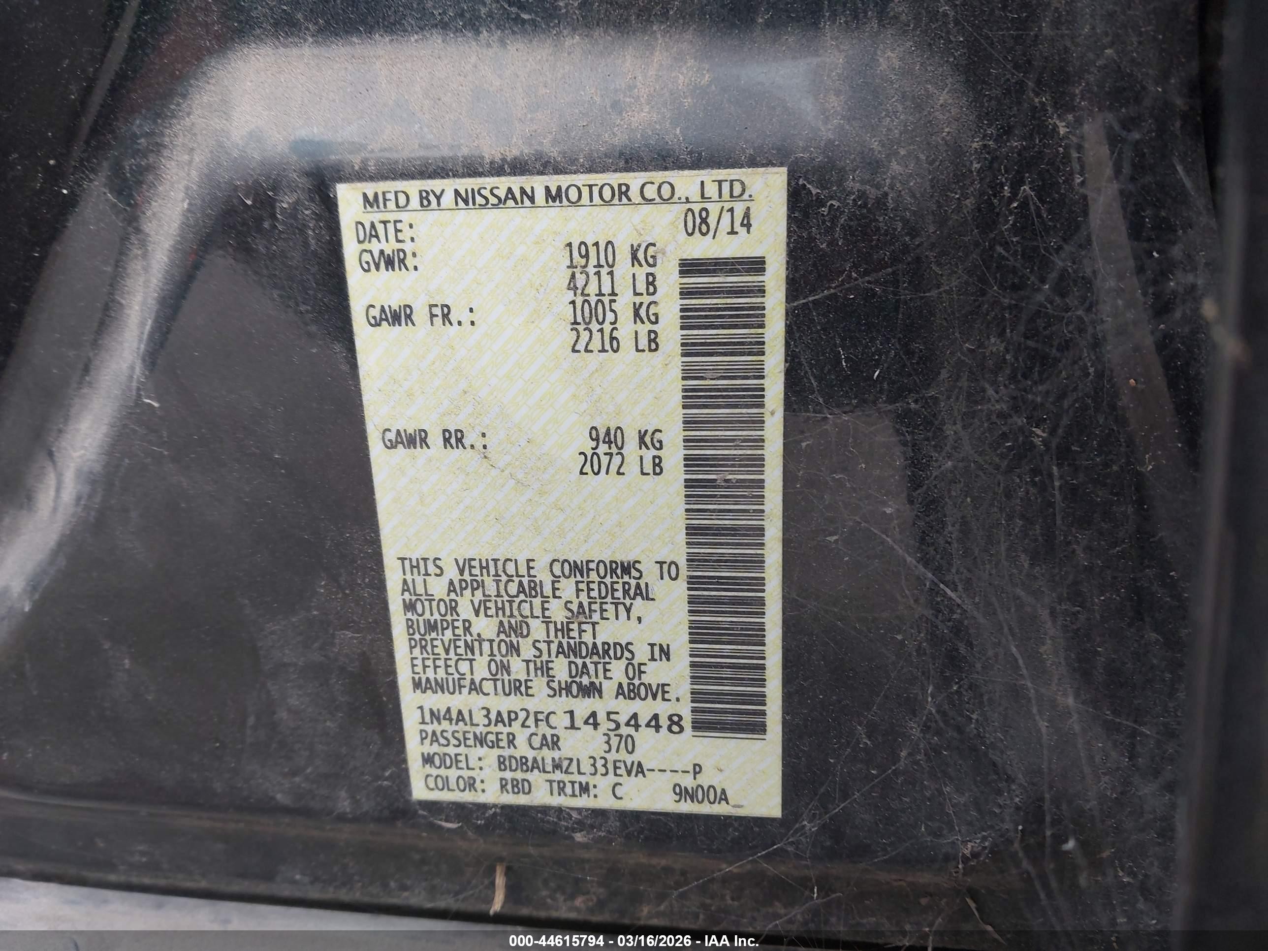 2015 Nissan Altima 2.5 Sv Black vin: 1N4AL3AP2FC145448