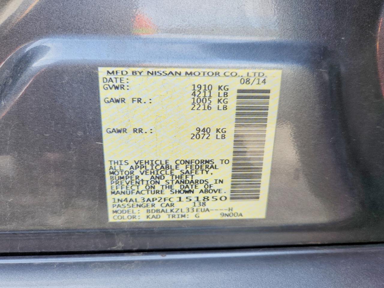 2015 Nissan Altima 2.5 Sv Gray vin: 1N4AL3AP2FC151850