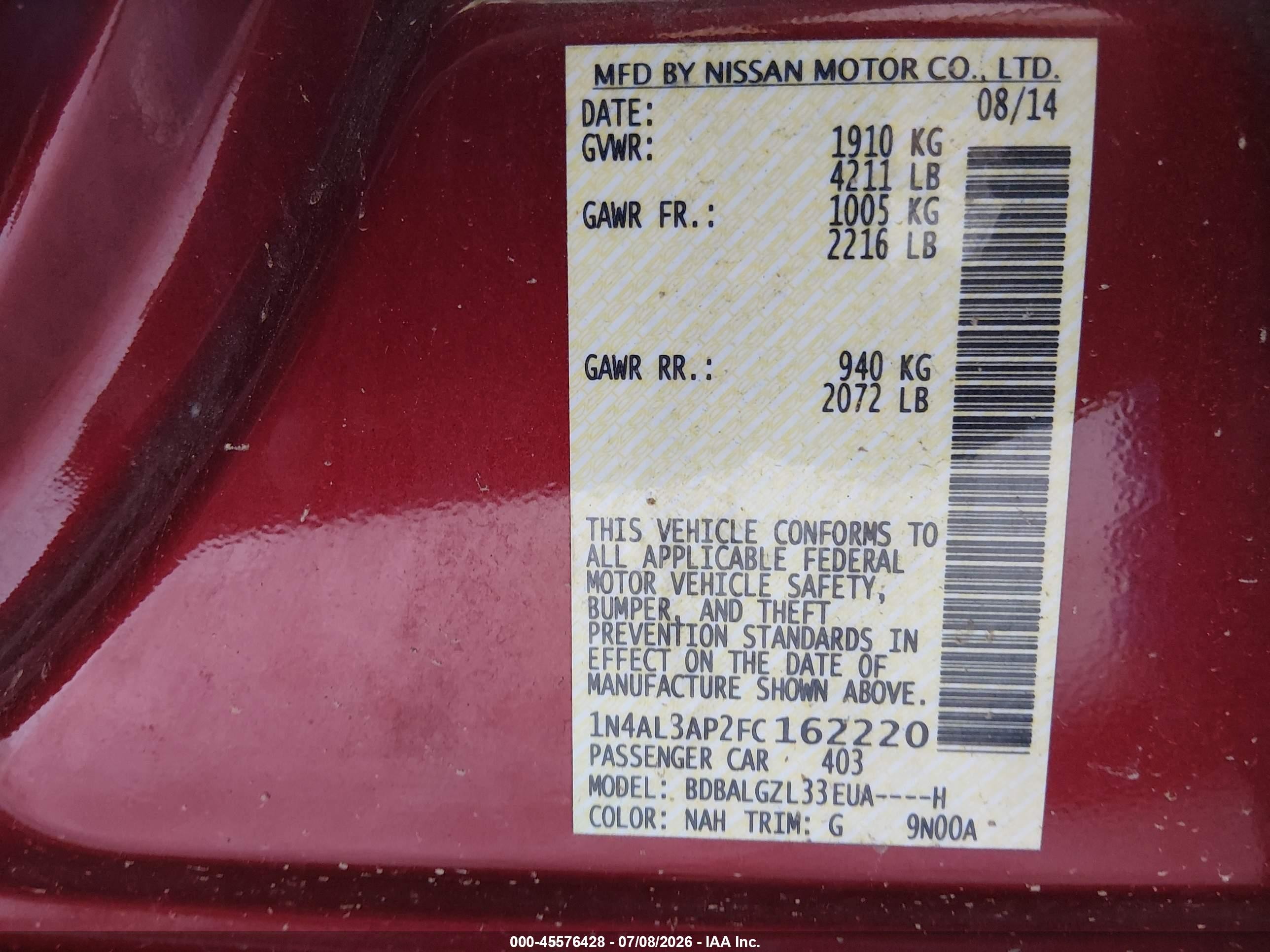 2015 Nissan Altima 2.5 S Red vin: 1N4AL3AP2FC162220