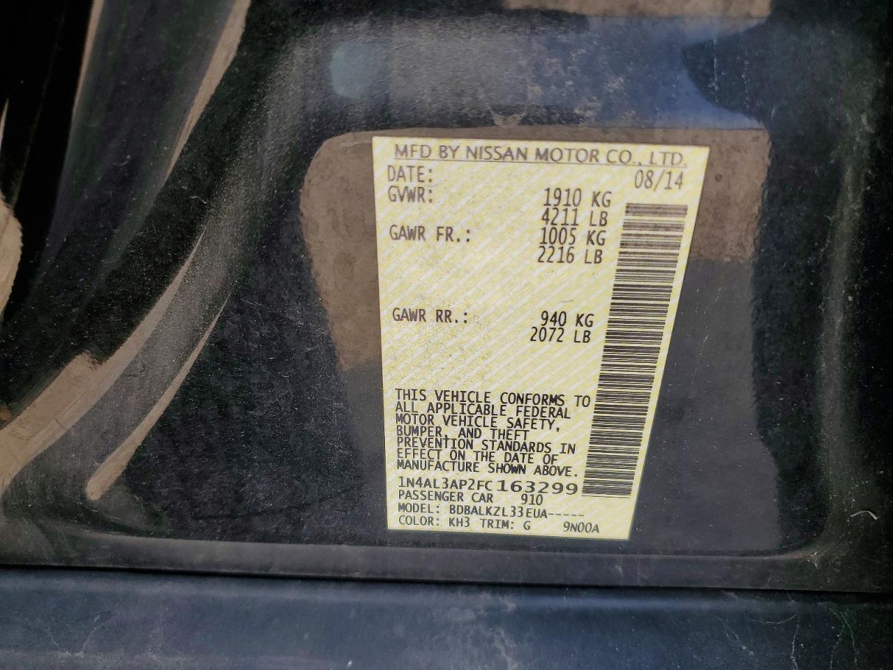 2015 Nissan Altima 2.5 Sv Black vin: 1N4AL3AP2FC163299