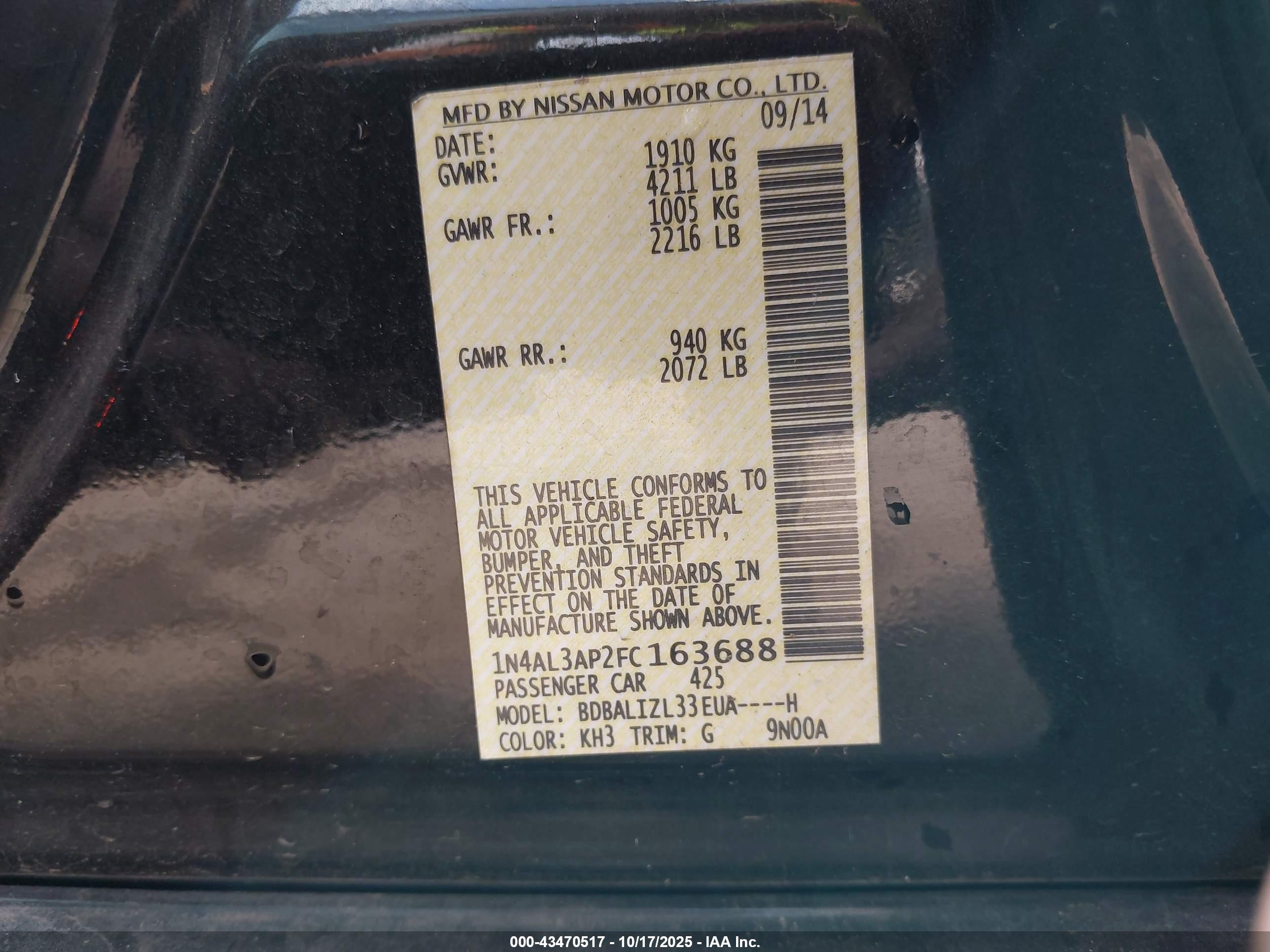 2015 Nissan Altima 2.5 Sv Black vin: 1N4AL3AP2FC163688
