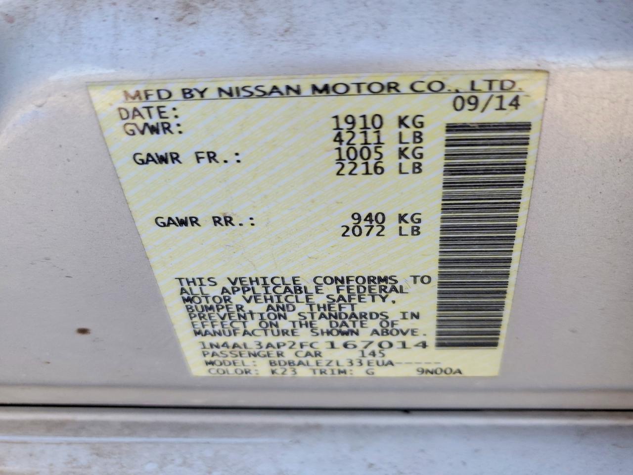 2015 Nissan Altima 2.5 S Silver vin: 1N4AL3AP2FC167014