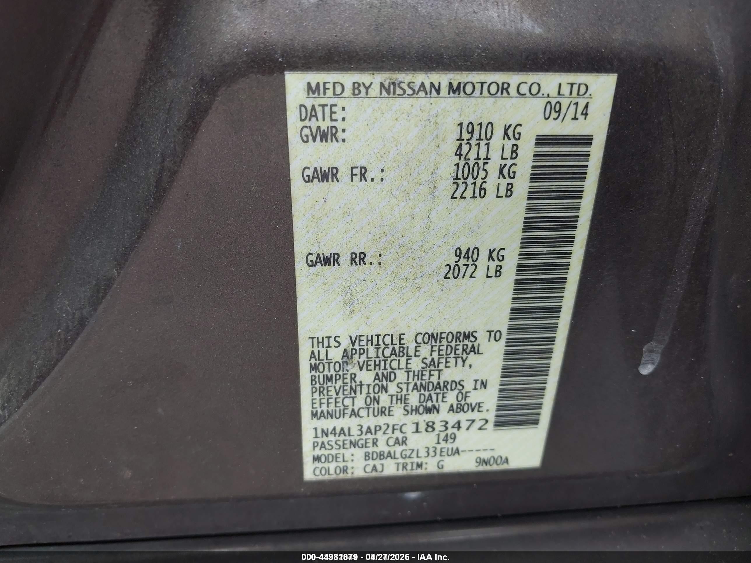 2015 Nissan Altima 2.5/2.5 S/2.5 Sl/2.5 Sv Brown vin: 1N4AL3AP2FC183472