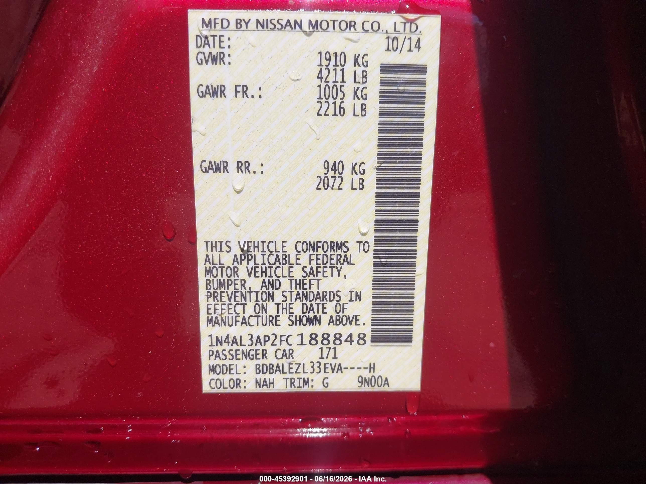 2015 Nissan Altima 2.5 S Burgundy vin: 1N4AL3AP2FC188848