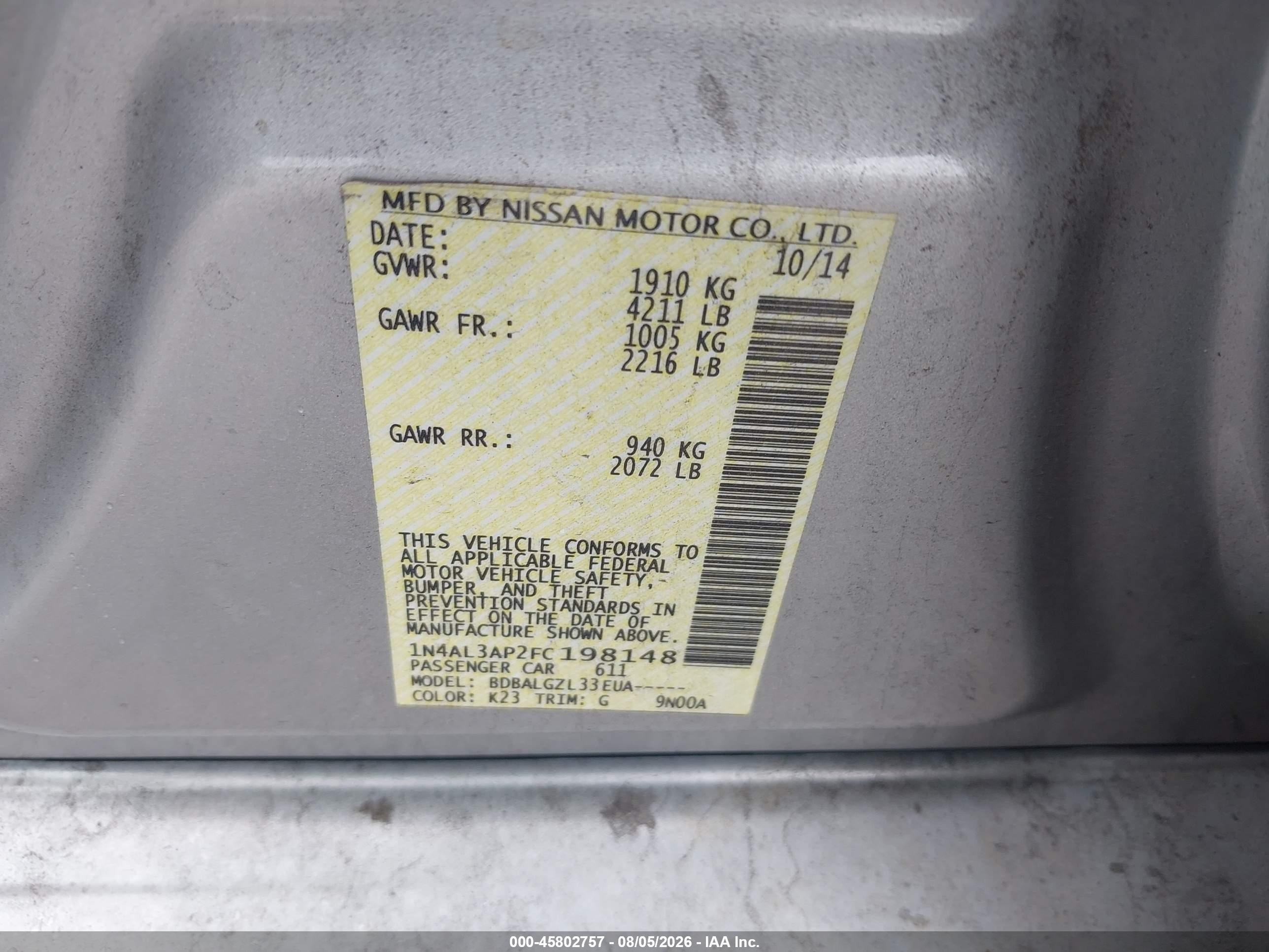 2015 Nissan Altima 2.5/2.5 S/2.5 Sl/2.5 Sv Silver vin: 1N4AL3AP2FC198148