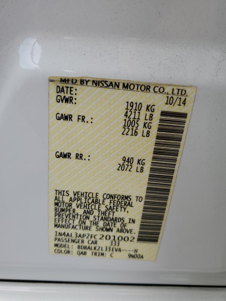 2015 Nissan Altima 2.5 White vin: 1N4AL3AP2FC201002