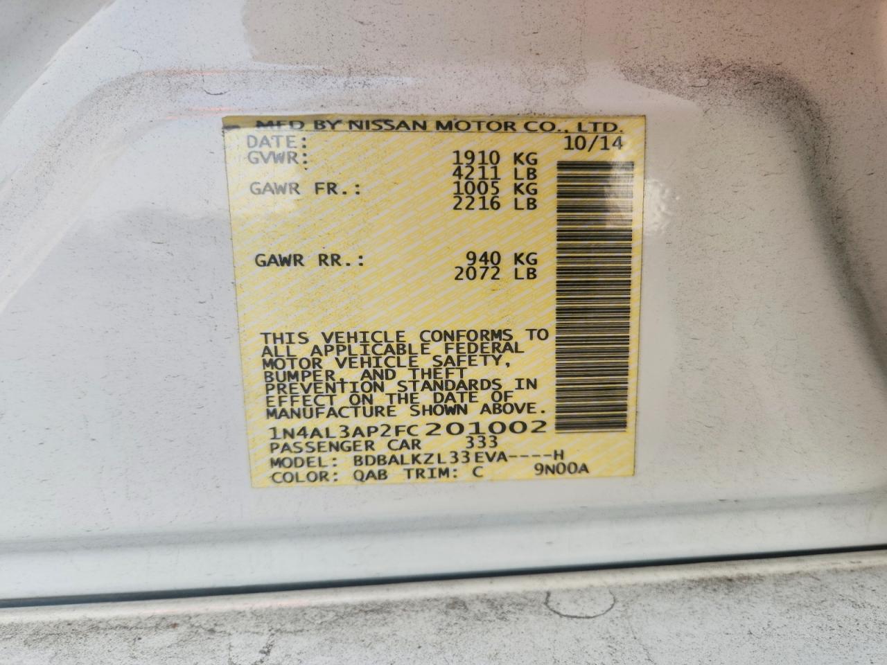 2015 Nissan Altima 2.5 Sv White vin: 1N4AL3AP2FC201002
