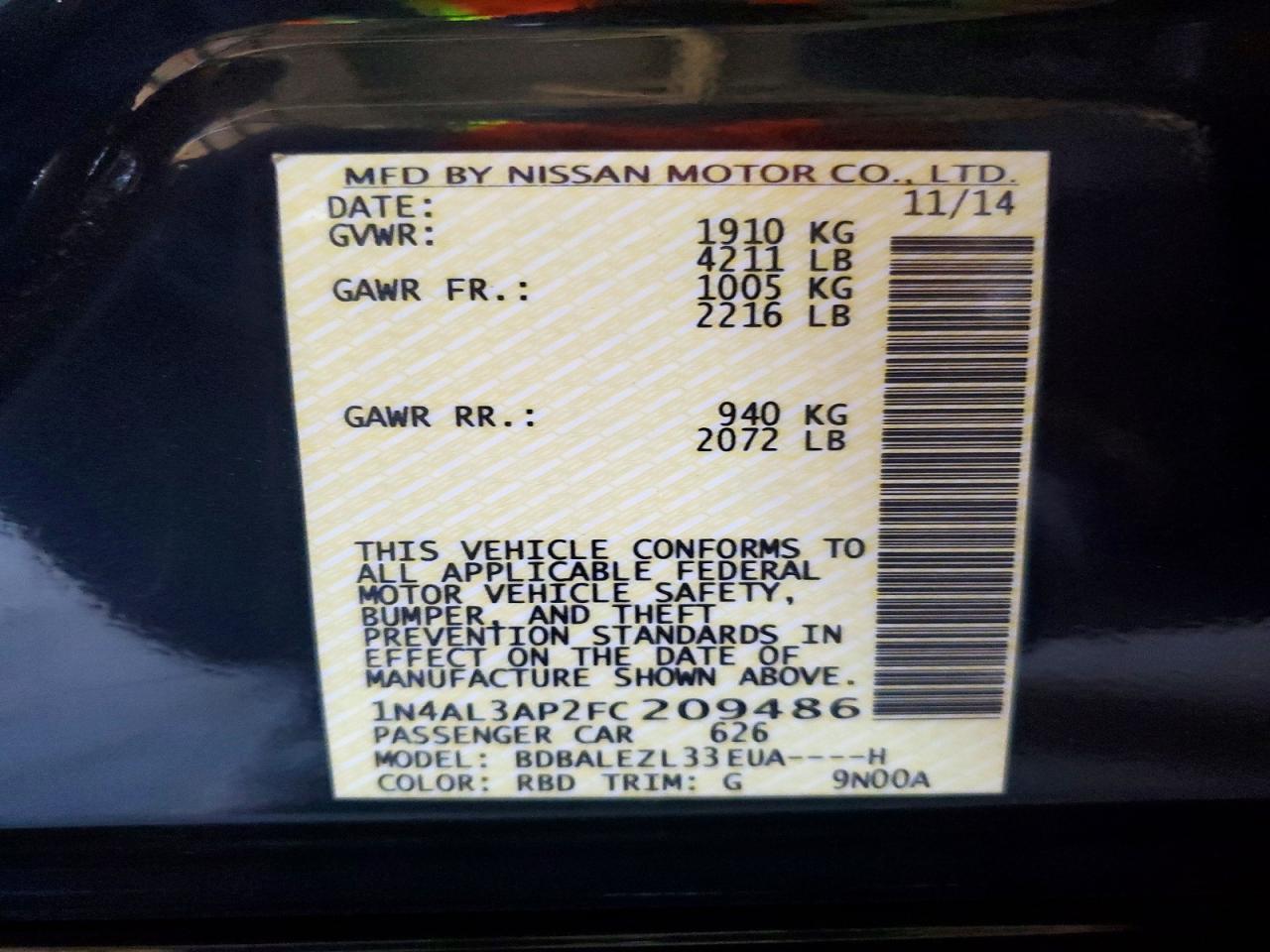 2015 Nissan Altima 2.5 S Black vin: 1N4AL3AP2FC209486
