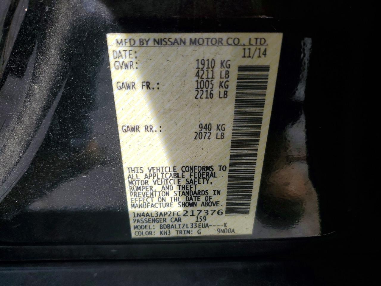 2015 Nissan Altima 2.5 Sv Black vin: 1N4AL3AP2FC217376
