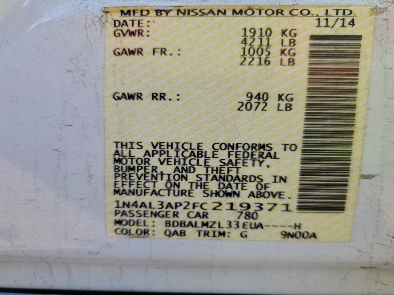2015 Nissan Altima 2.5 White vin: 1N4AL3AP2FC219371