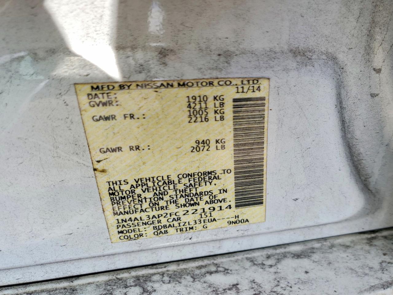 2015 Nissan Altima 2.5 Sv White vin: 1N4AL3AP2FC221914