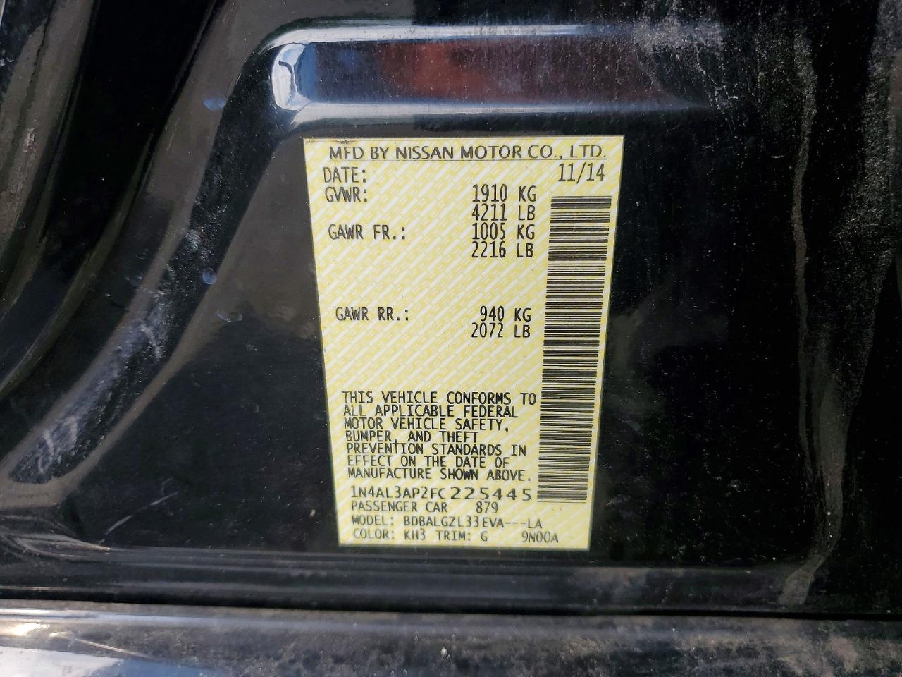 2015 Nissan Altima 2.5 S Black vin: 1N4AL3AP2FC225445