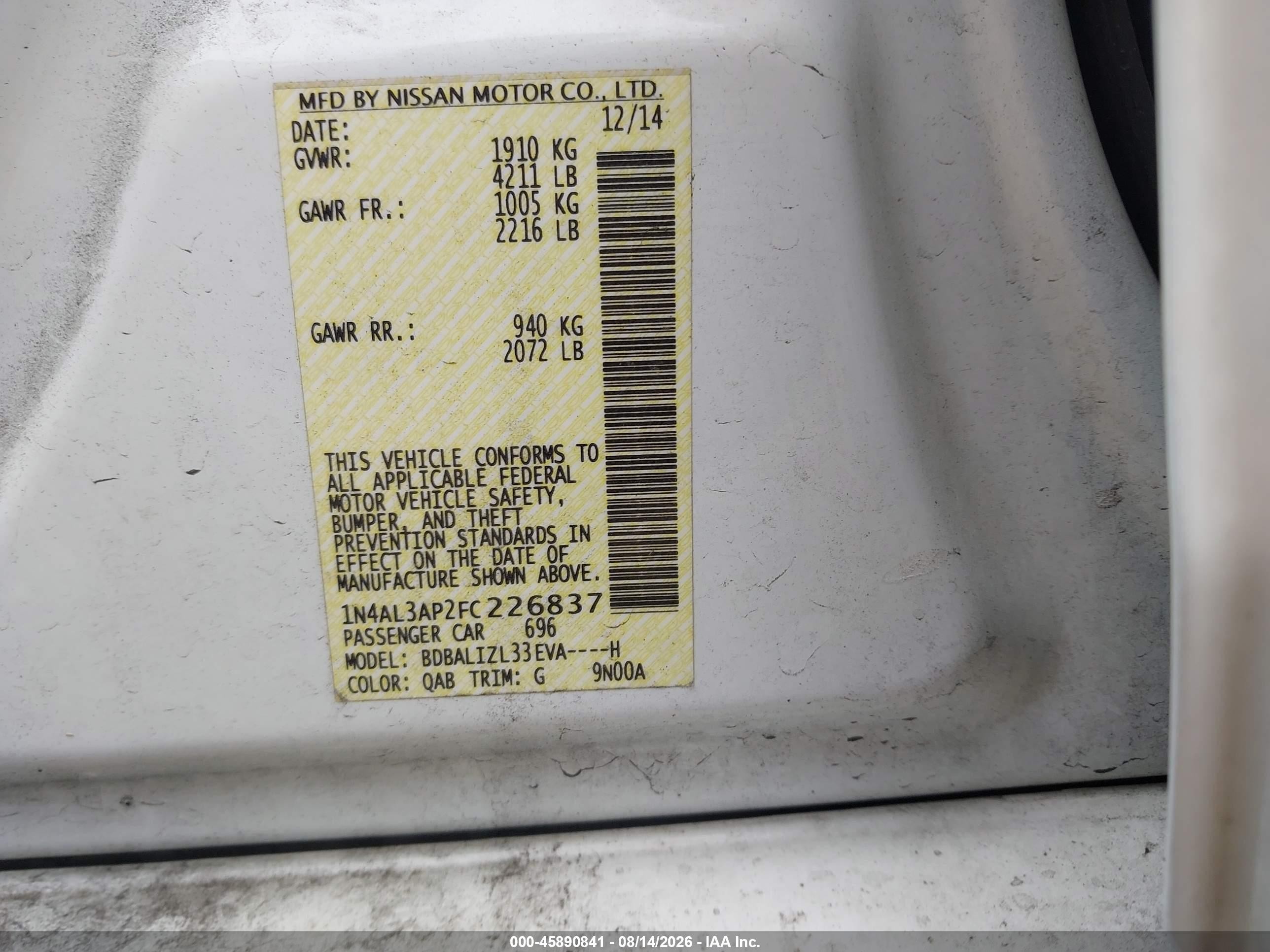 2015 Nissan Altima 2.5 Sv White vin: 1N4AL3AP2FC226837