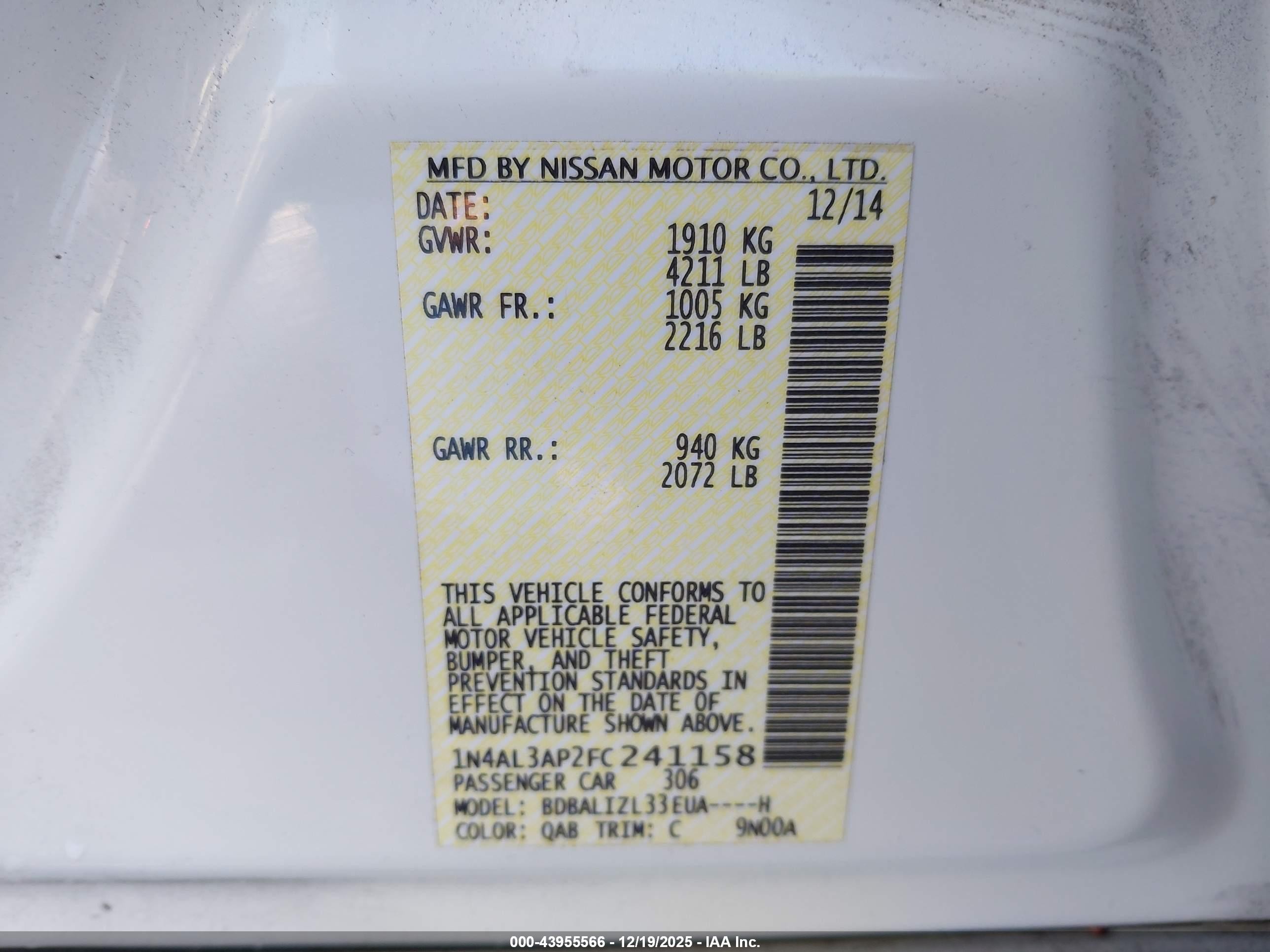 2015 Nissan Altima 2.5 Sv White vin: 1N4AL3AP2FC241158