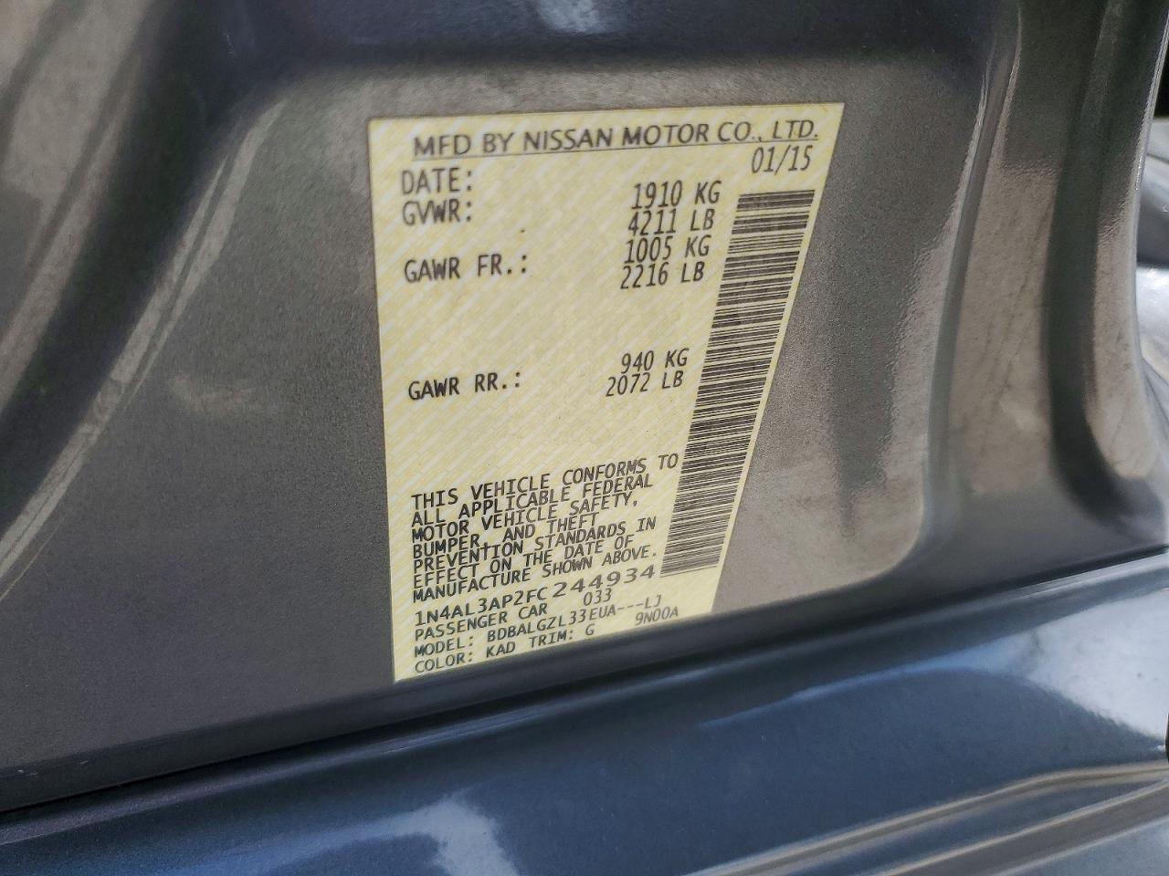 2015 Nissan Altima 2.5 S Gray vin: 1N4AL3AP2FC244934
