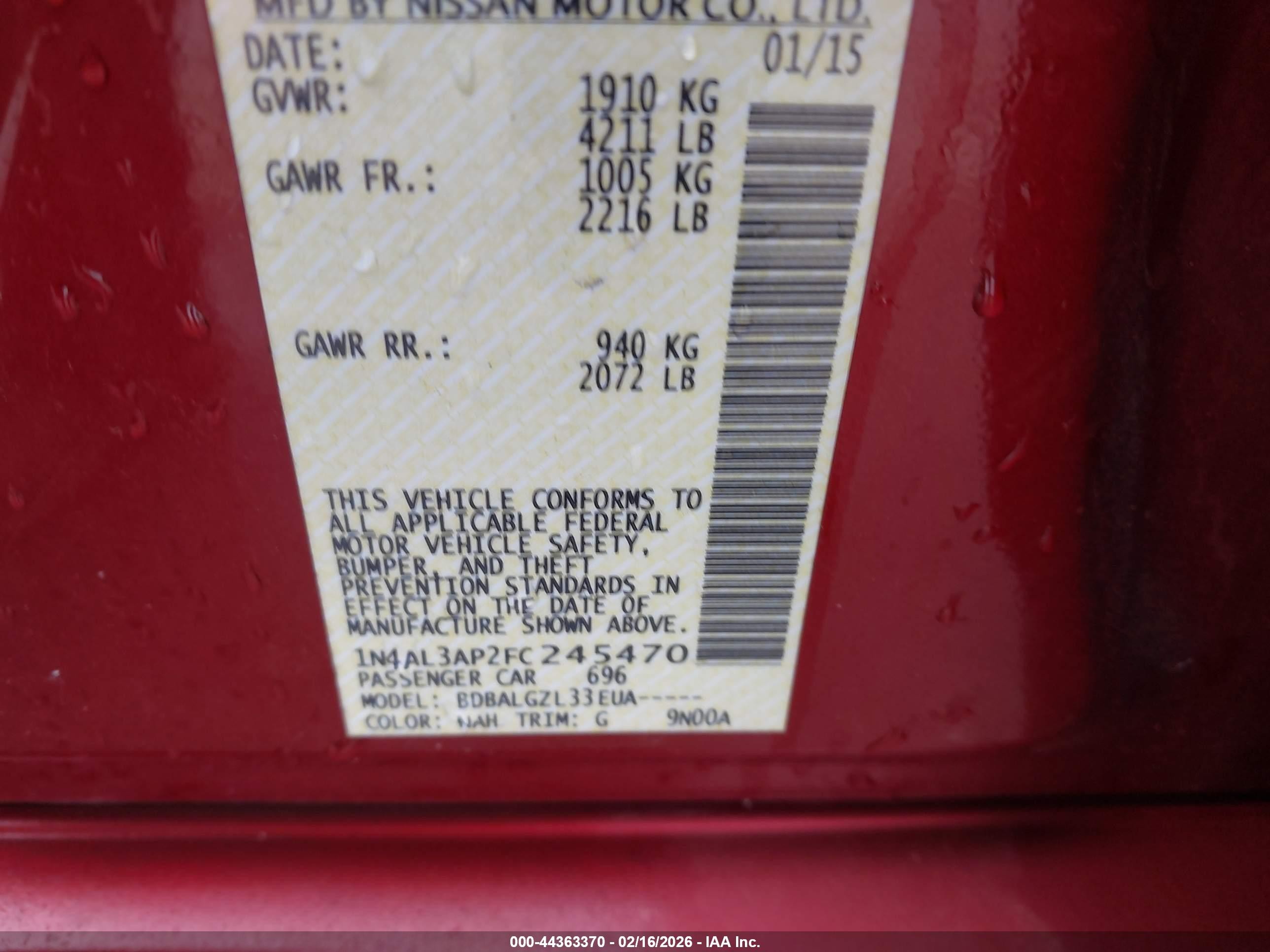 2015 Nissan Altima 2.5/2.5 S/2.5 Sl/2.5 Sv Red vin: 1N4AL3AP2FC245470