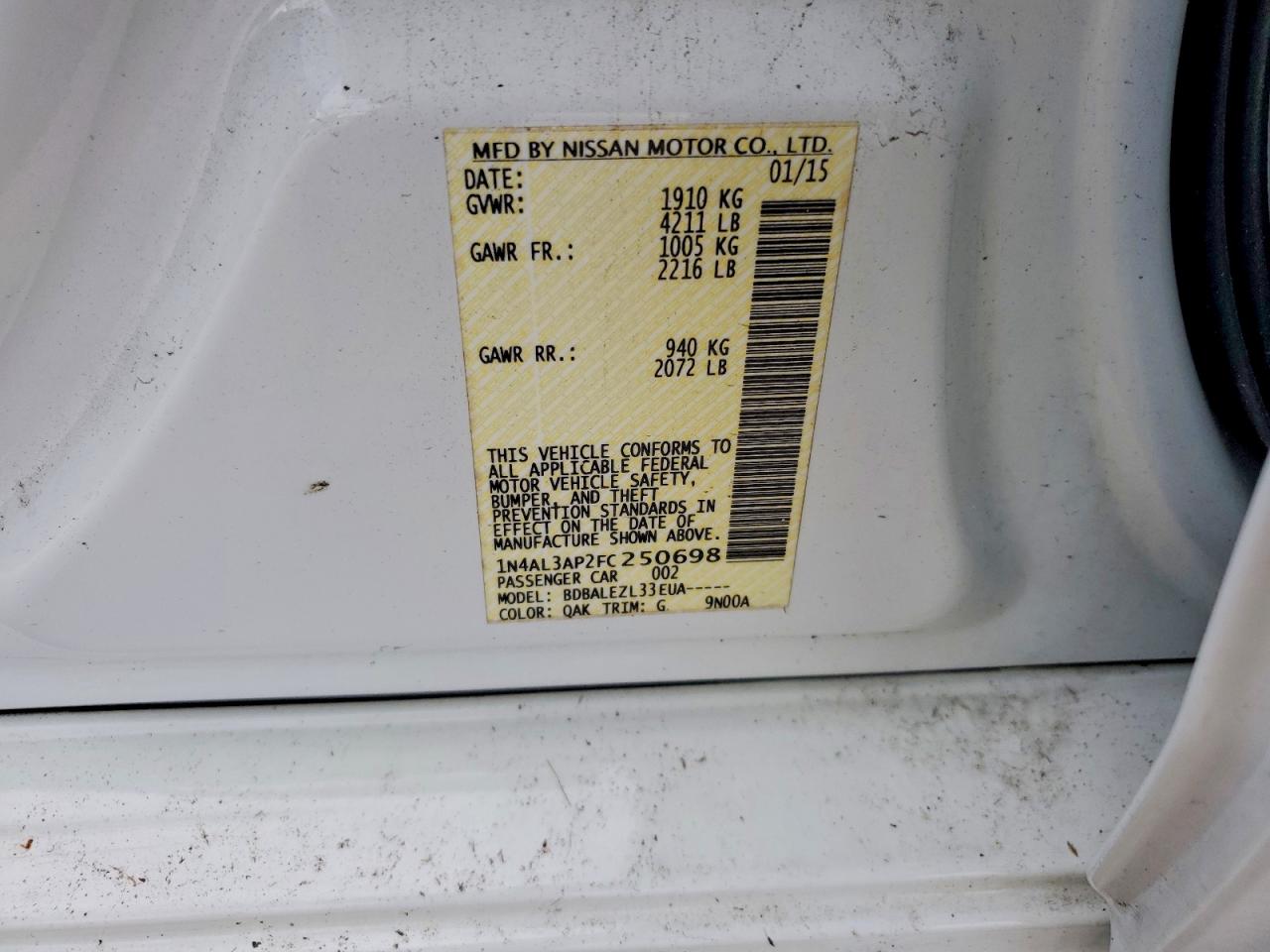 2015 Nissan Altima 2.5 S White vin: 1N4AL3AP2FC250698