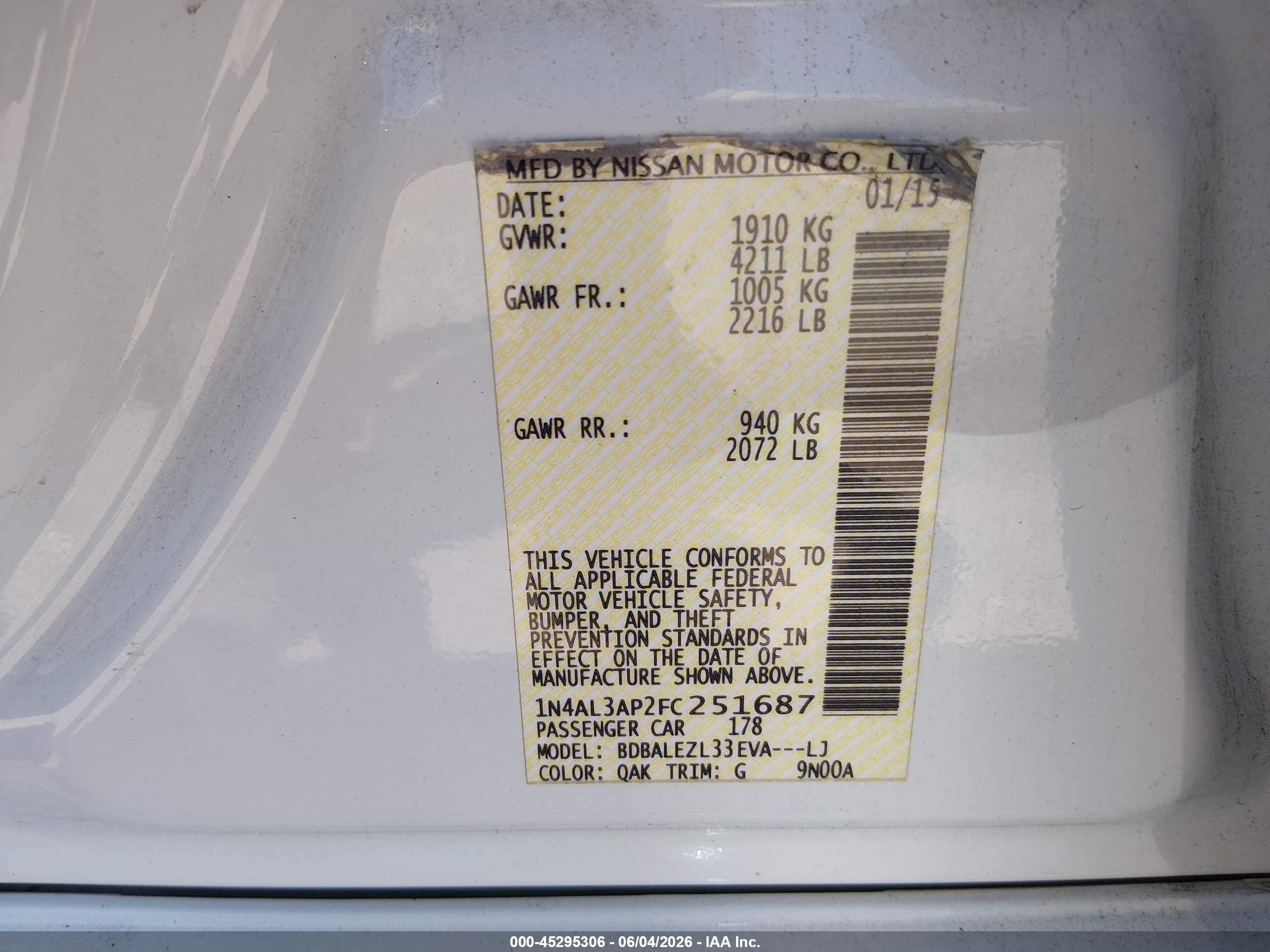 2015 Nissan Altima 2.5 S Белый vin: 1N4AL3AP2FC251687