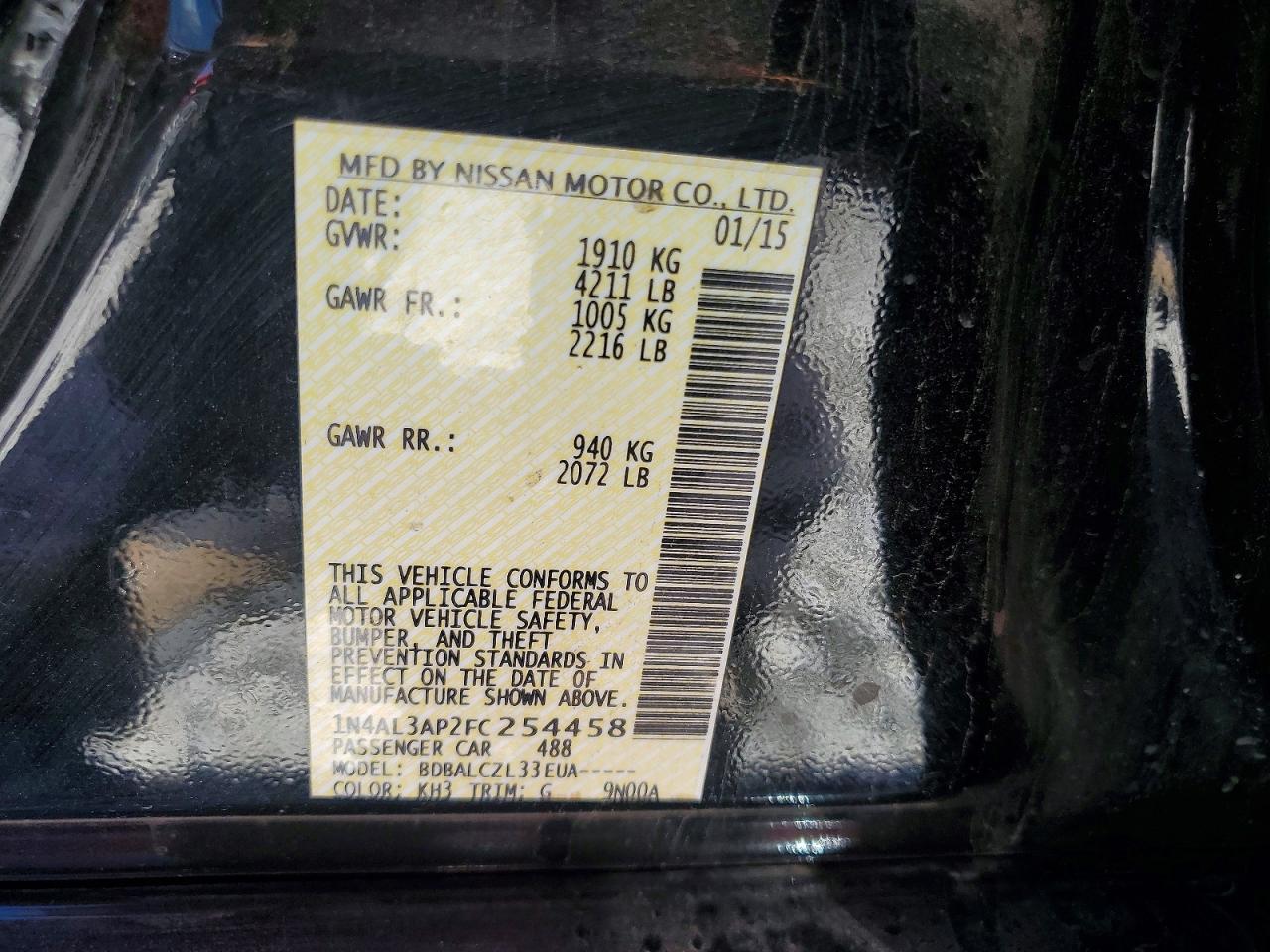 2015 Nissan Altima 2.5 S Black vin: 1N4AL3AP2FC254458