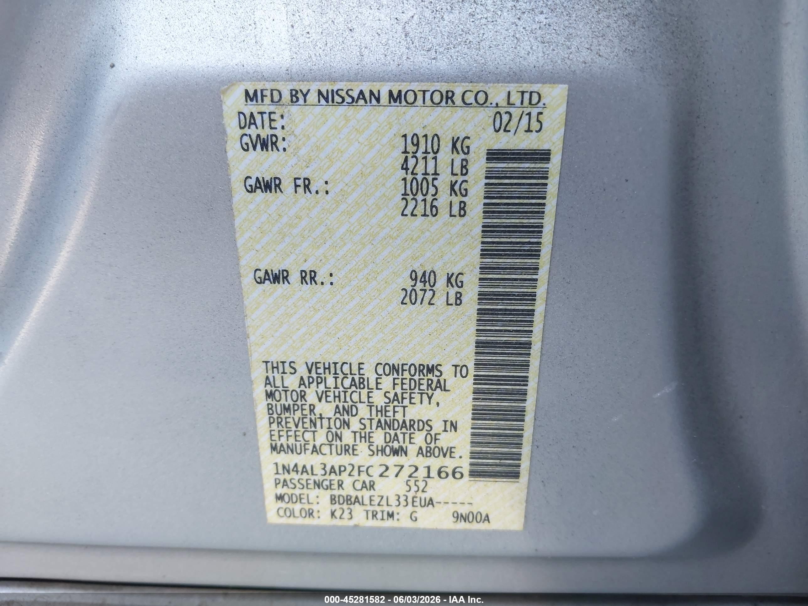 2015 Nissan Altima 2.5/2.5 S/2.5 Sl/2.5 Sv Silver vin: 1N4AL3AP2FC272166