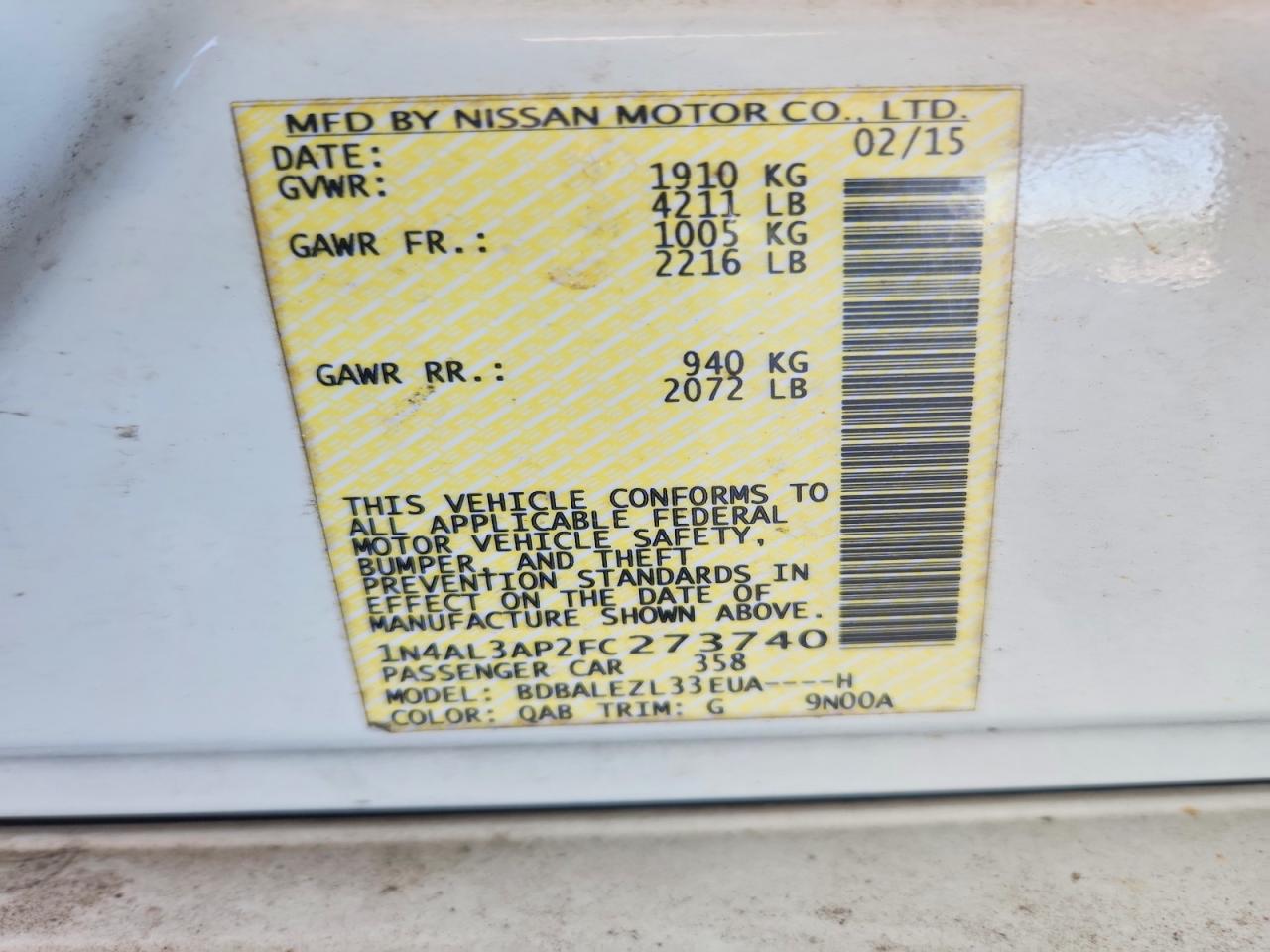 2015 Nissan Altima 2.5 S White vin: 1N4AL3AP2FC273740