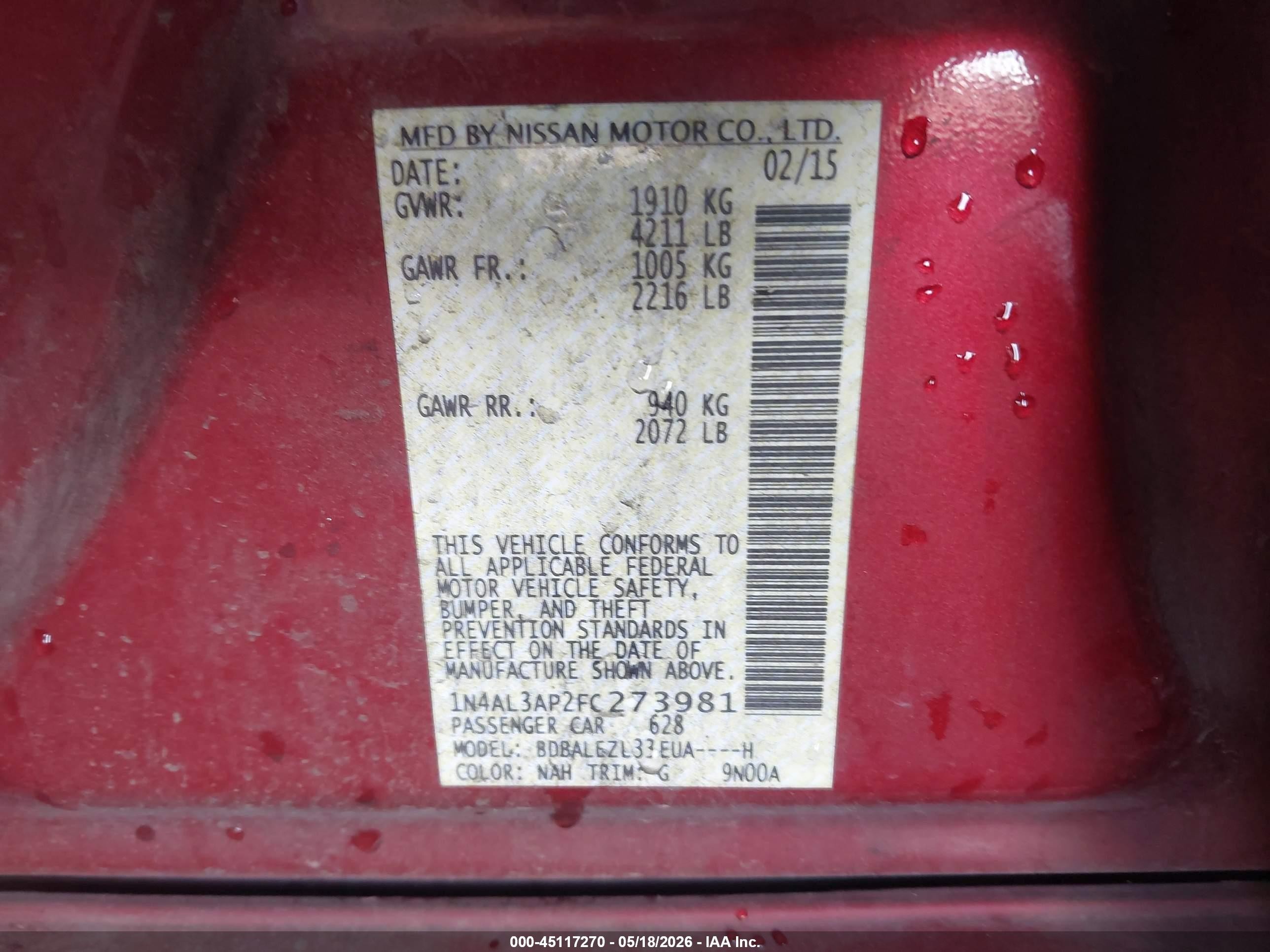 2015 Nissan Altima 2.5 S Red vin: 1N4AL3AP2FC273981
