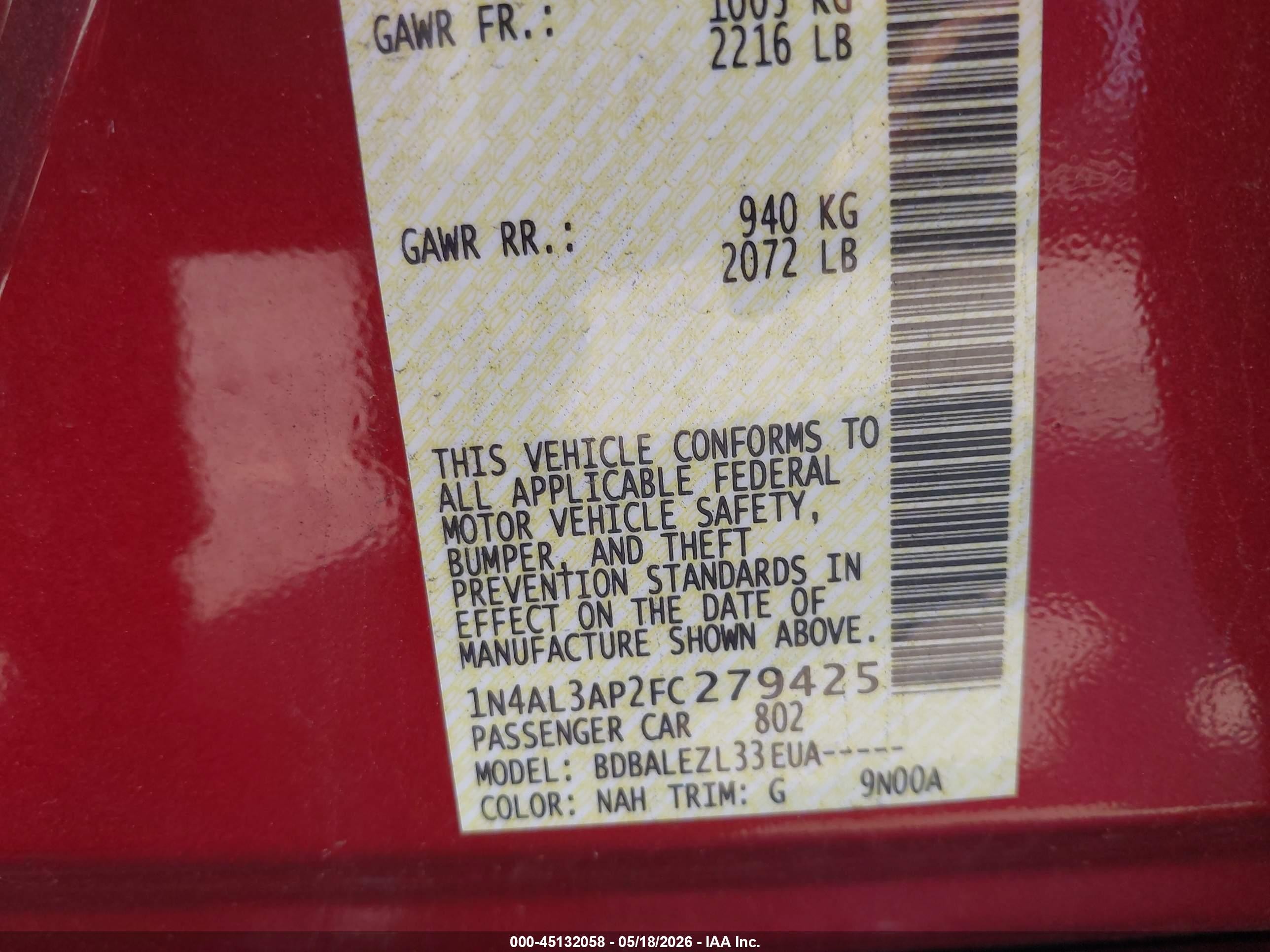2015 Nissan Altima 2.5/2.5 S/2.5 Sl/2.5 Sv Red vin: 1N4AL3AP2FC279425