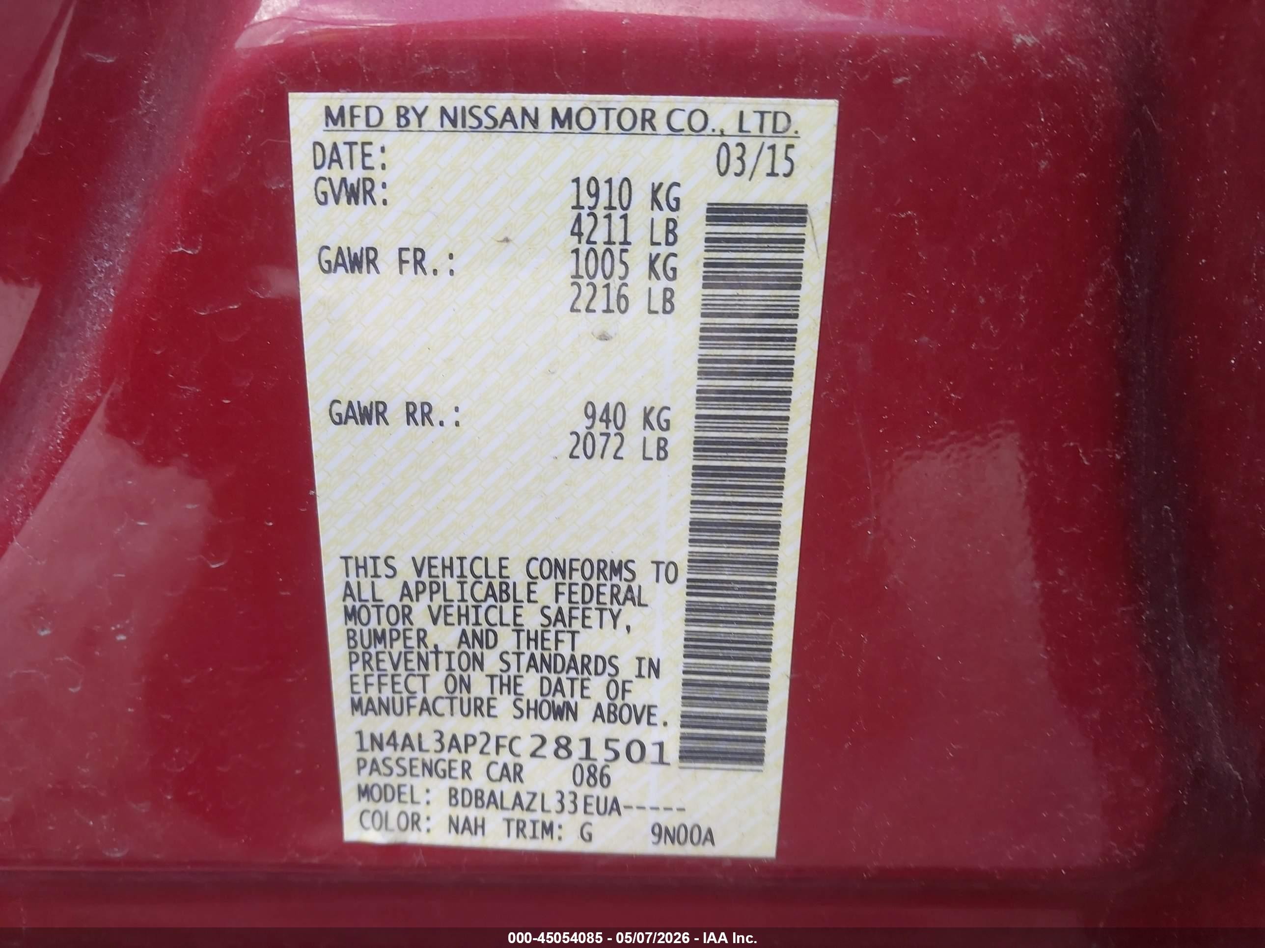 2015 Nissan Altima 2.5 Красный vin: 1N4AL3AP2FC281501