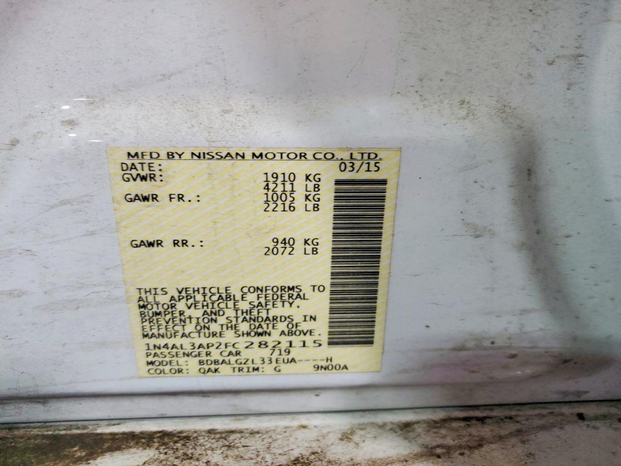 2015 Nissan Altima 2.5 S Белый vin: 1N4AL3AP2FC282115