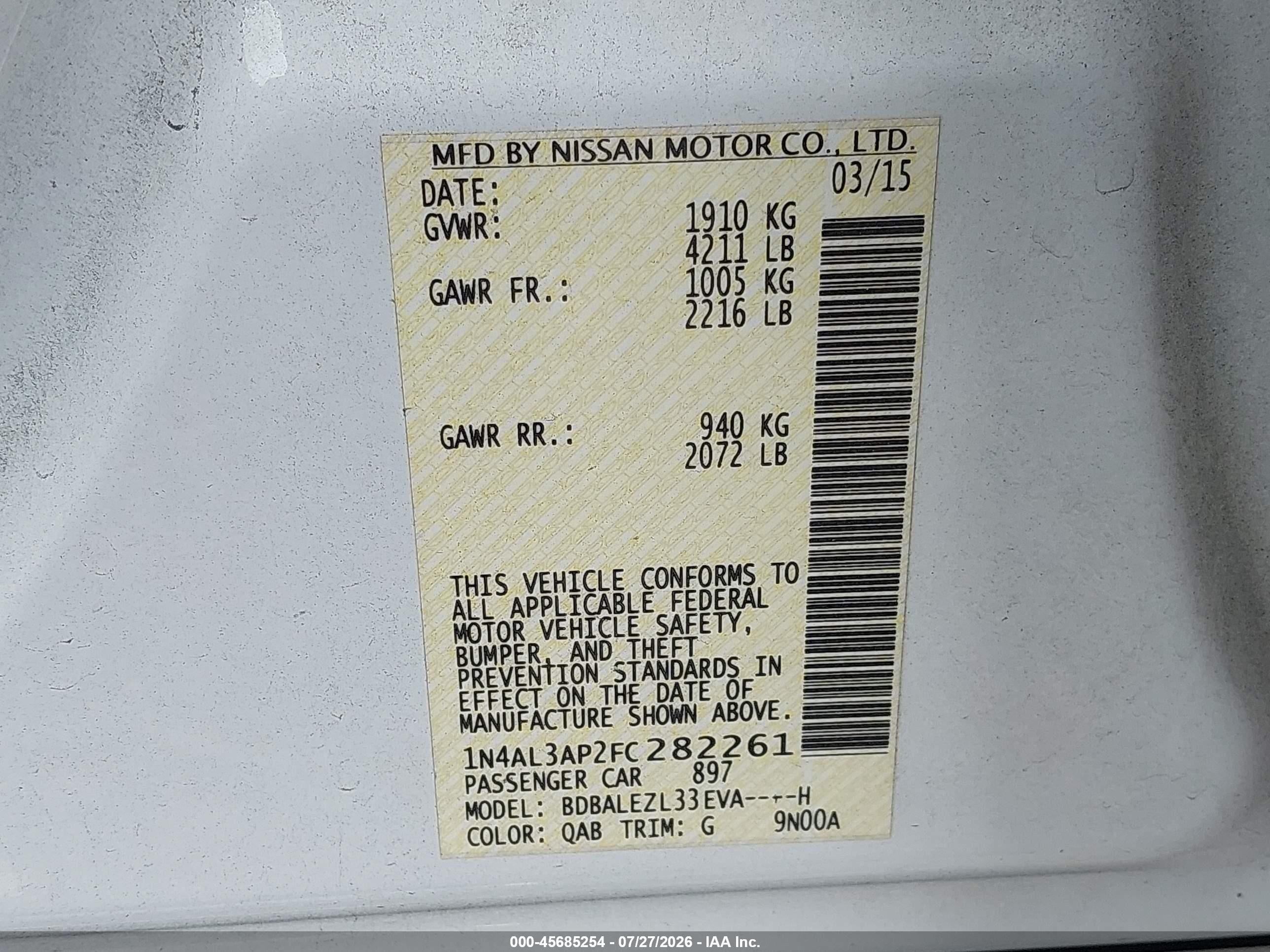 2015 Nissan Altima 2.5 S White vin: 1N4AL3AP2FC282261