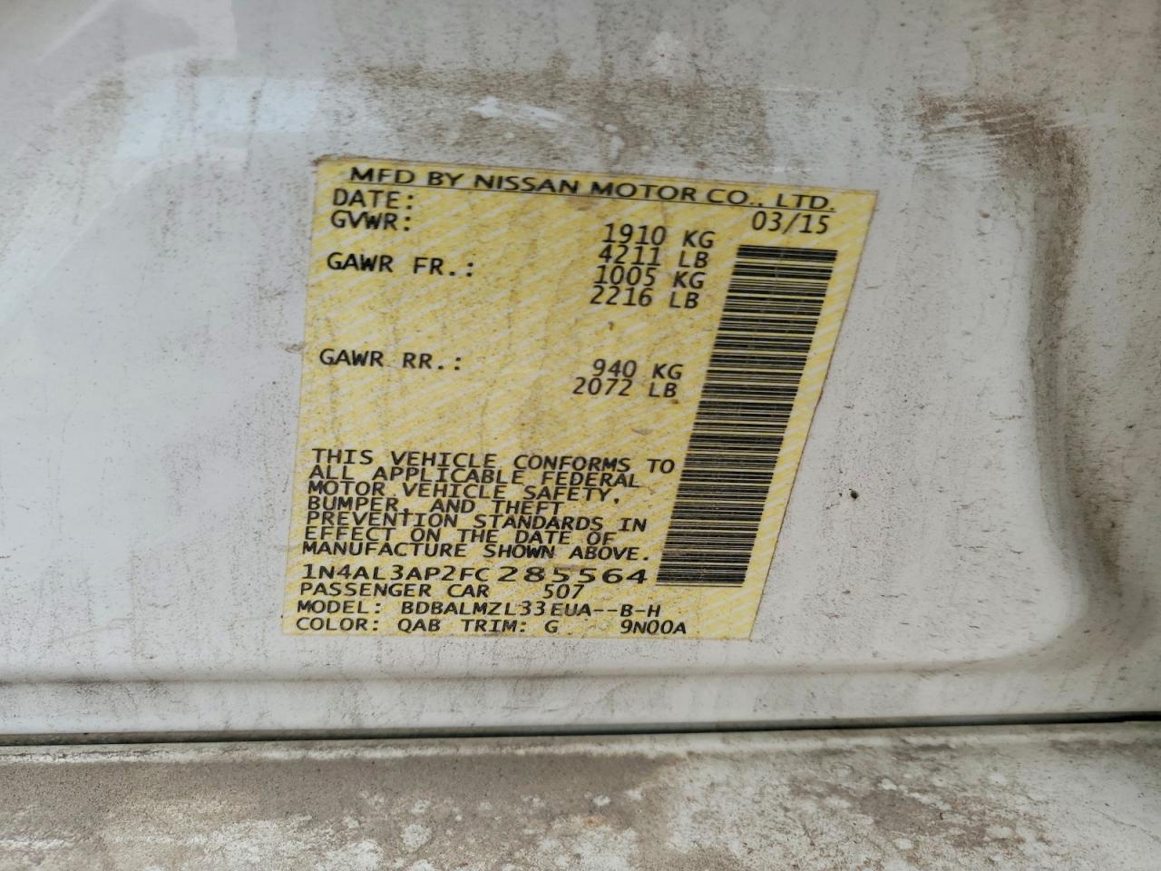2015 Nissan Altima White vin: 1N4AL3AP2FC285564