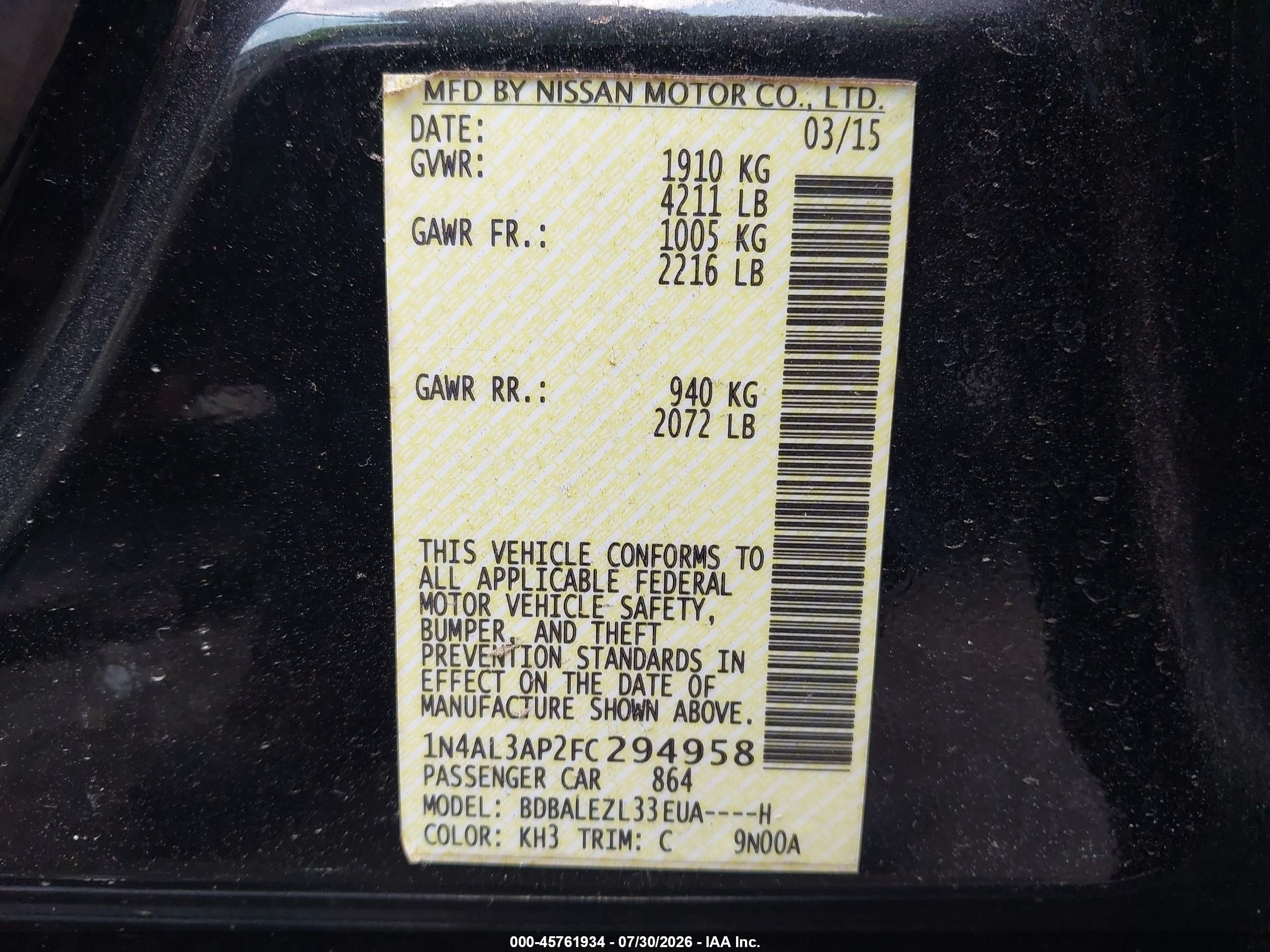 2015 Nissan Altima 2.5 S Black vin: 1N4AL3AP2FC294958