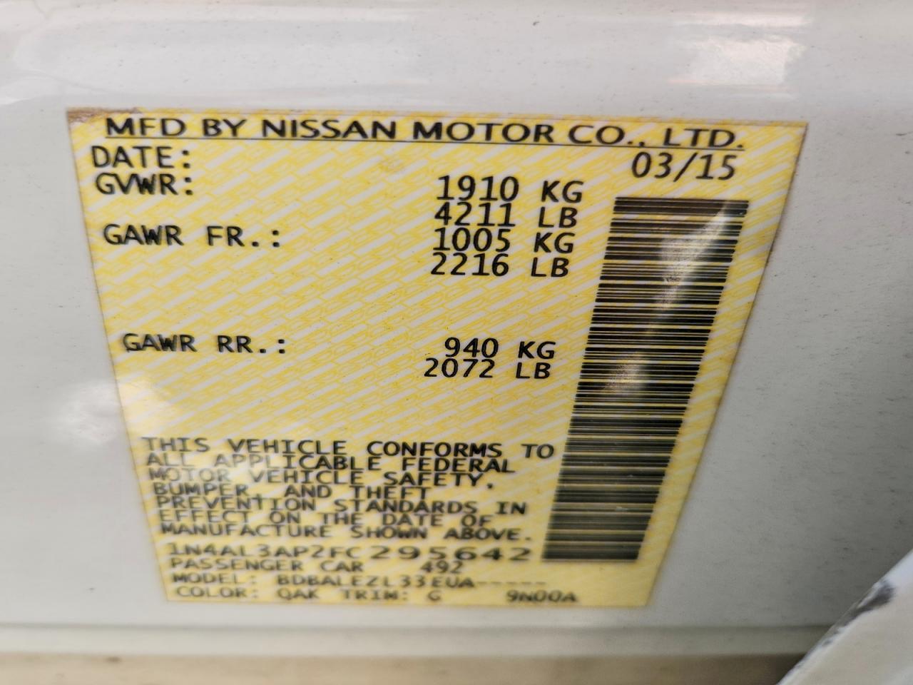 2015 Nissan Altima 2.5 S White vin: 1N4AL3AP2FC295642