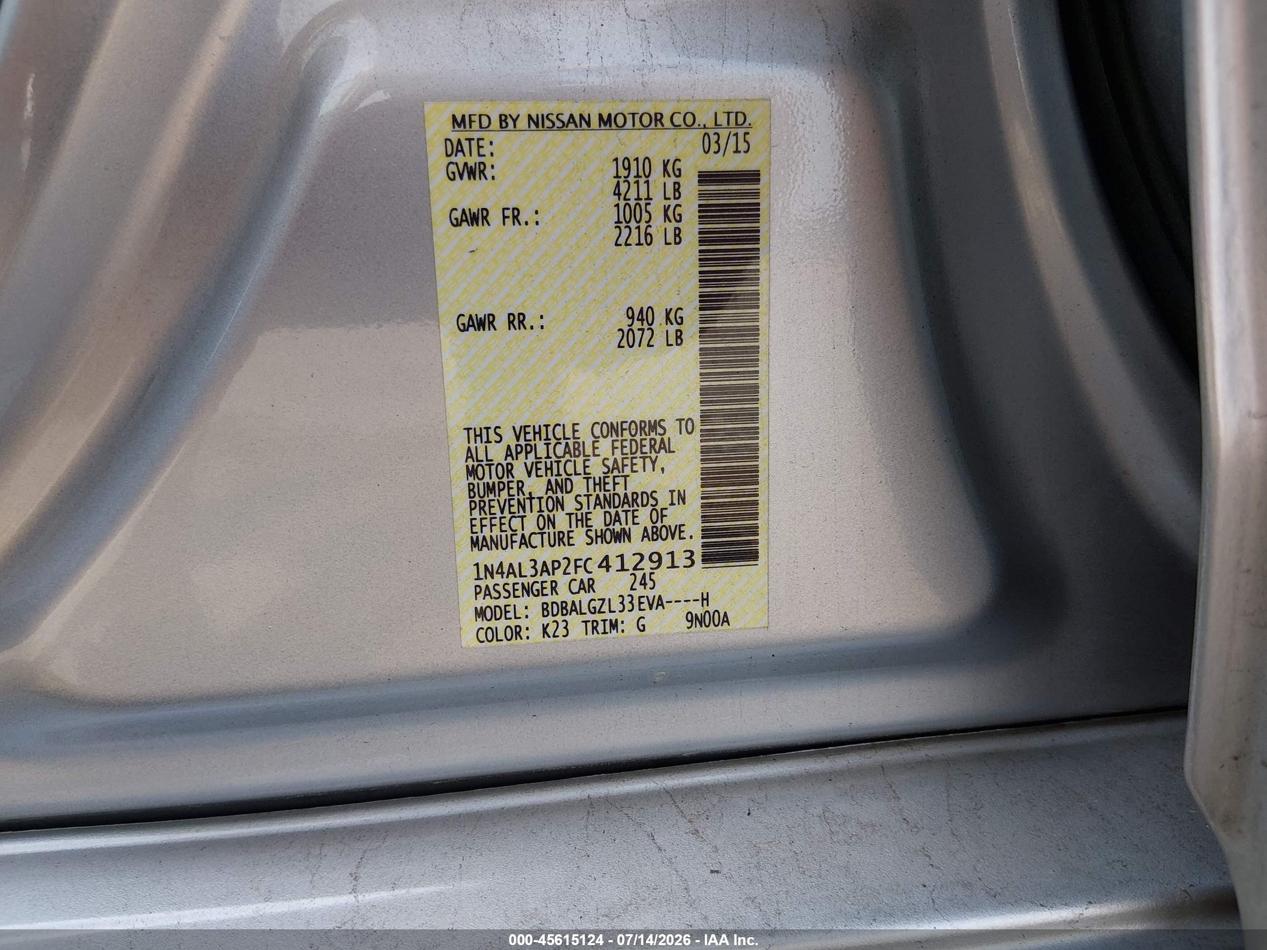 2015 Nissan Altima 2.5 S Silver vin: 1N4AL3AP2FC412913