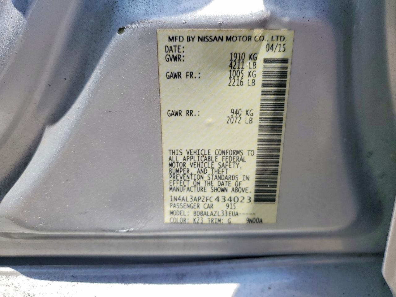 2015 Nissan Altima 2.5 Gold vin: 1N4AL3AP2FC434023