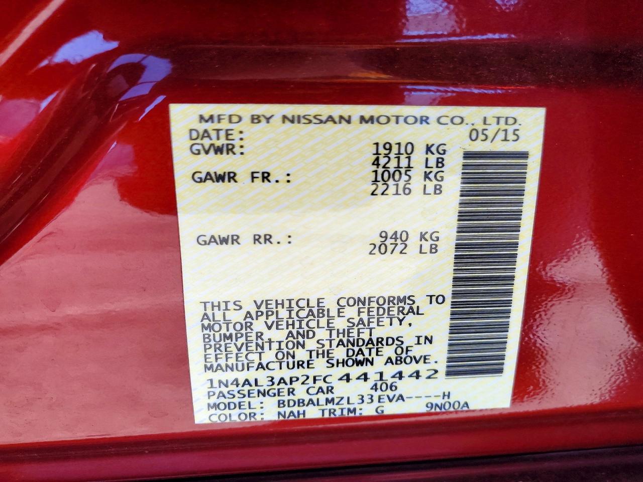2015 Nissan Altima 2.5 Sv Red vin: 1N4AL3AP2FC441442