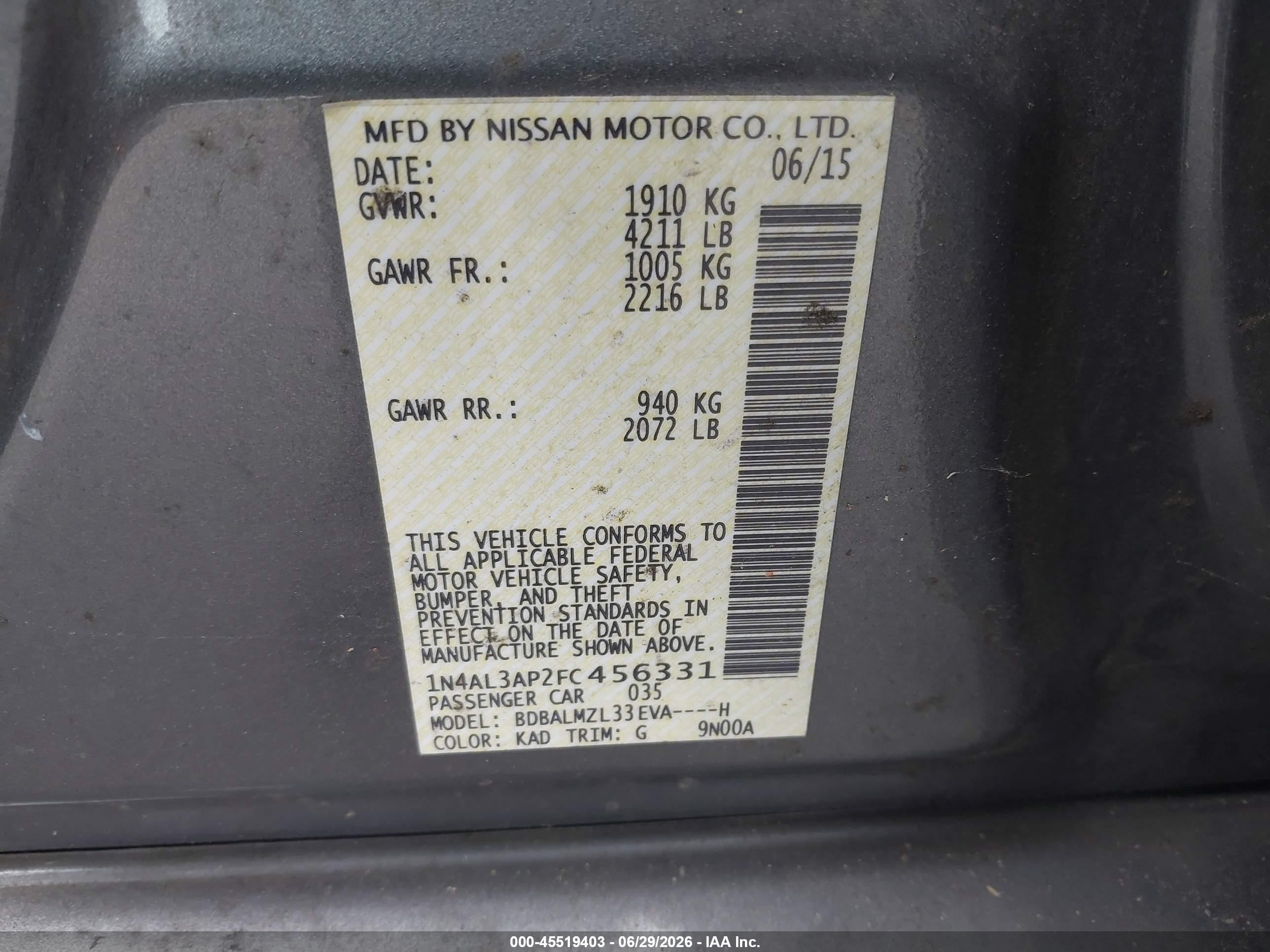 2015 Nissan Altima 2.5 Sv Gray vin: 1N4AL3AP2FC456331