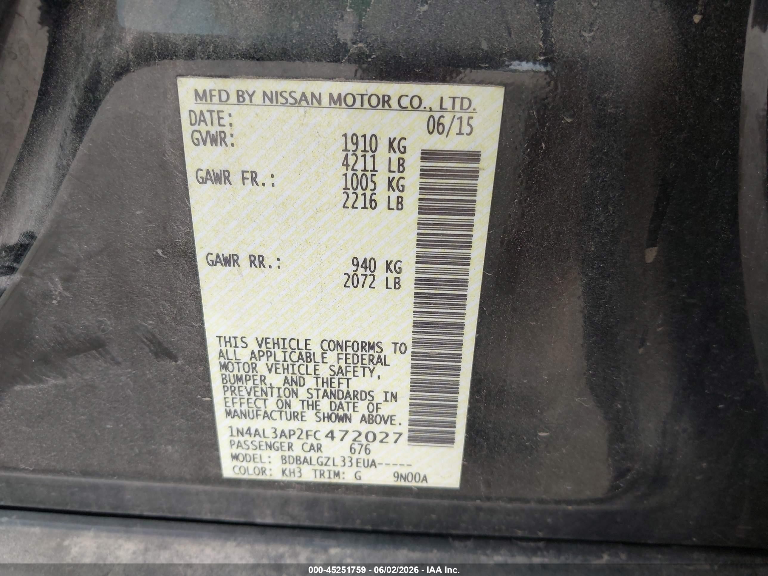 2015 Nissan Altima 2.5/2.5 S/2.5 Sl/2.5 Sv Черный vin: 1N4AL3AP2FC472027