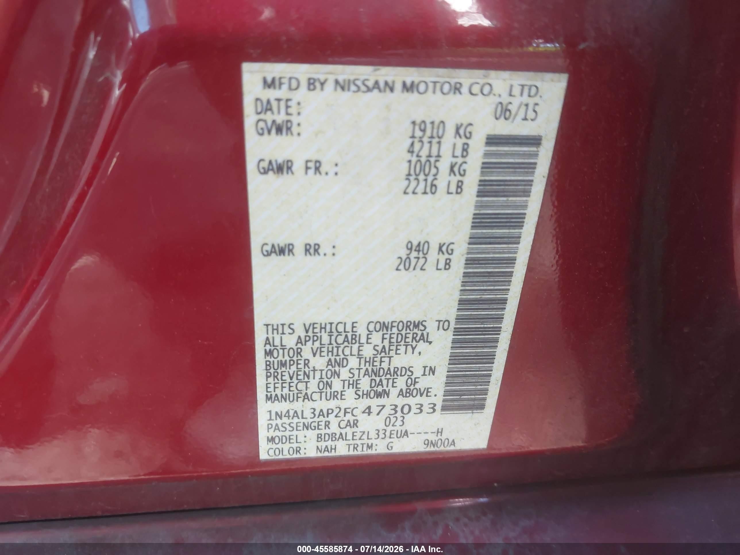 2015 Nissan Altima 2.5 S Красный vin: 1N4AL3AP2FC473033