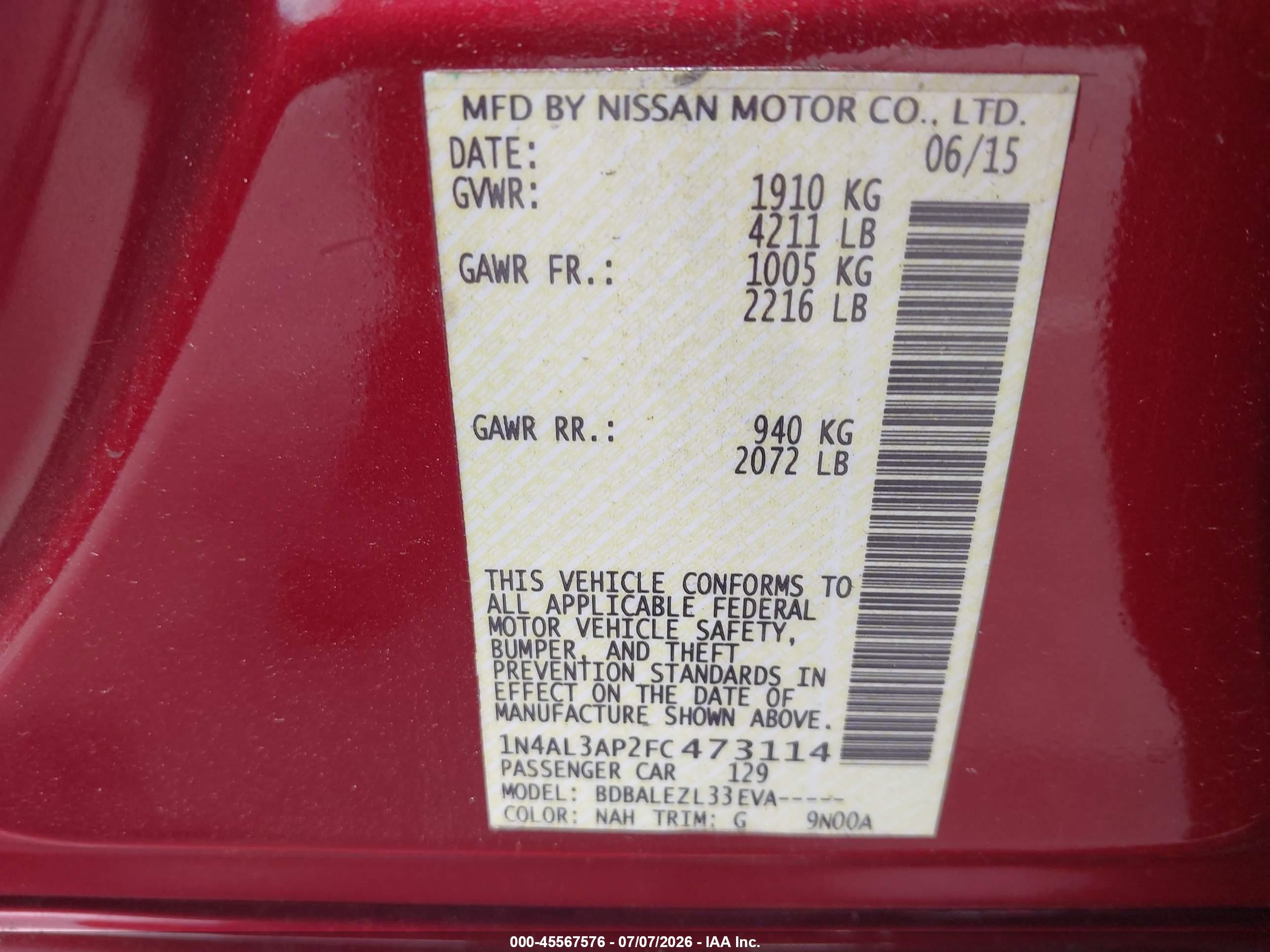 2015 Nissan Altima 2.5/2.5 S/2.5 Sl/2.5 Sv Красный vin: 1N4AL3AP2FC473114