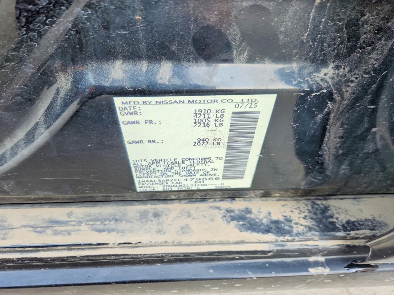 2015 Nissan Altima 2.5 Sv Black vin: 1N4AL3AP2FC479866